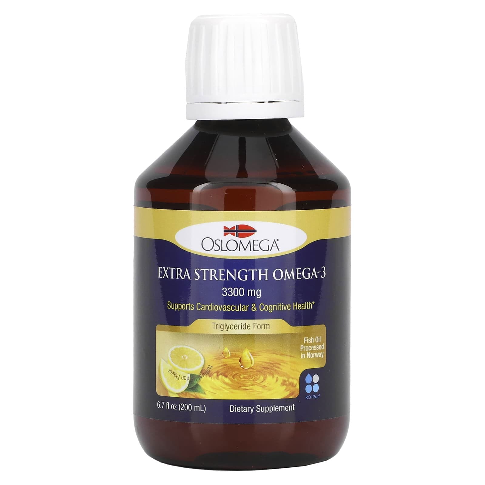Oslomega, Aceite de pescado con omega-3 de concentración extra, Sabor natural a limón, 3300 mg, 200 ml (6,7 oz. líq.)