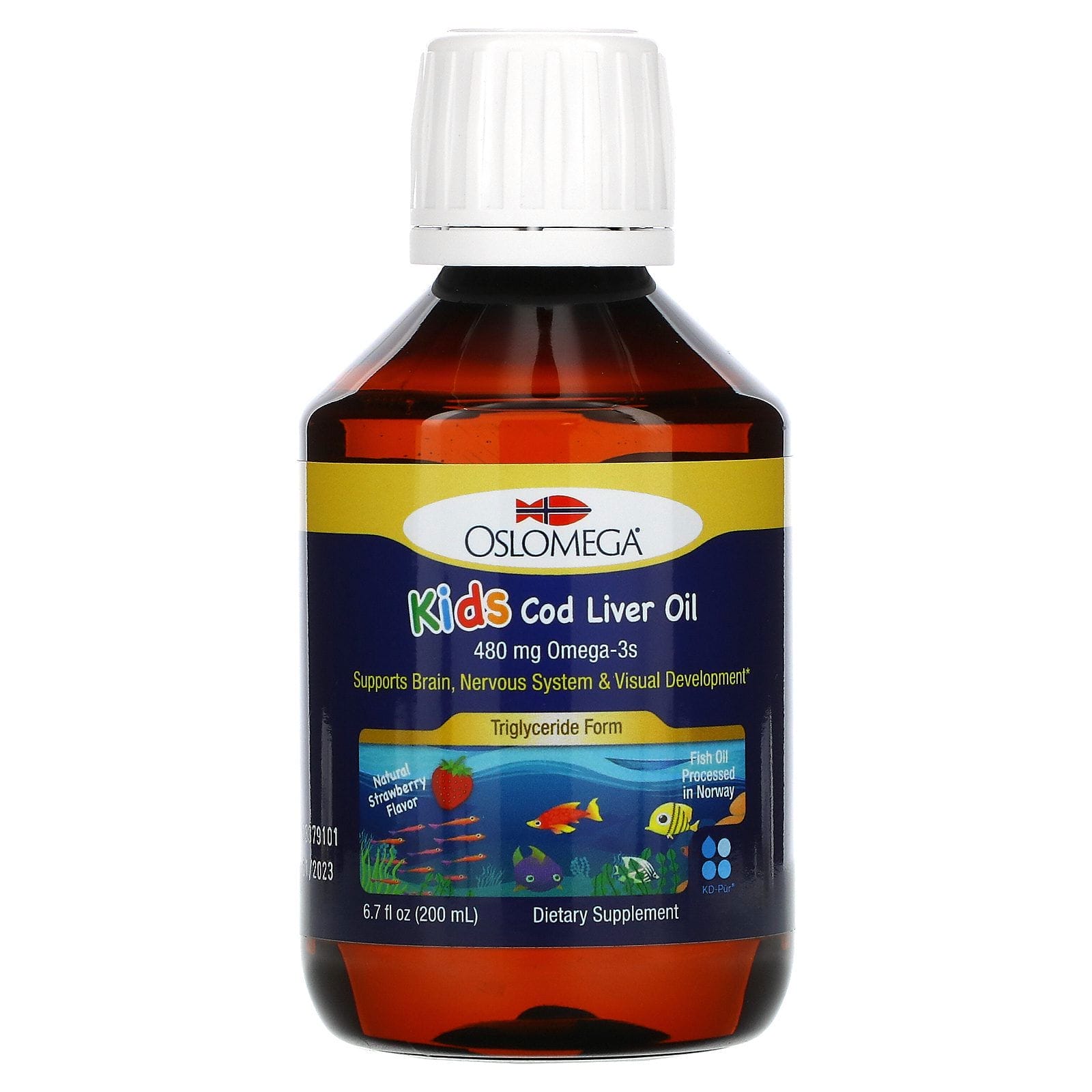 Oslomega, Aceite de hígado de bacalao noruego para niños, Sabor natural a fresa, 480 mg, 200 ml (6,7 oz. líq.)