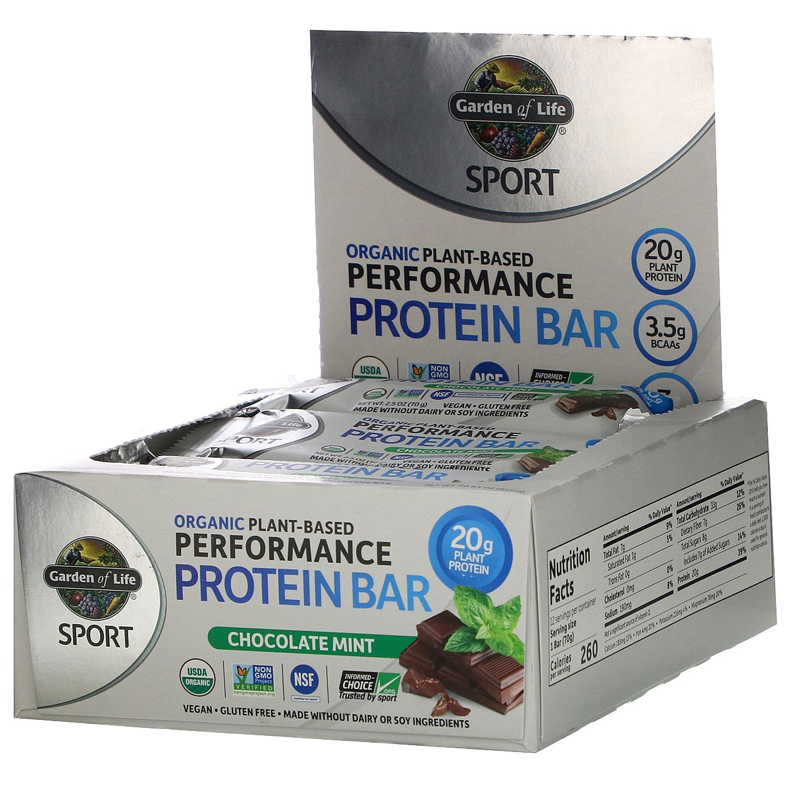 Garden of Life, Barra proteica orgánica para el rendimiento, Sport, a base de plantas, menta y chocolate, 12 barras, 70 g (2,5 onzas)