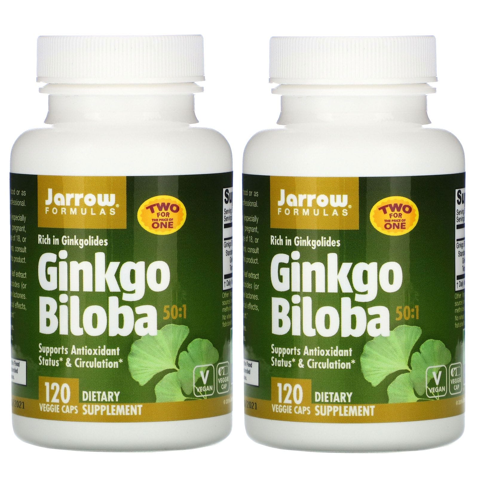 Jarrow Formulas, 50:1 Ginkgo Biloba, 60 mg, 2 Botellas, 120 cápsulas vegetales, Cada una