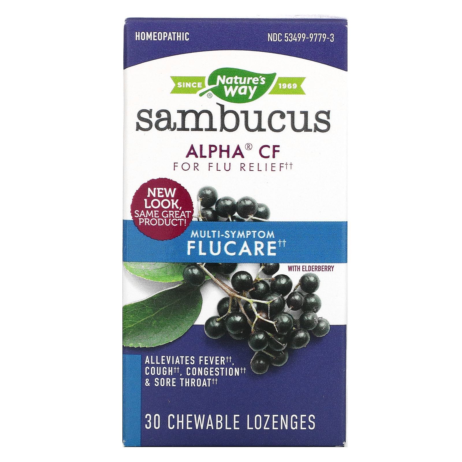 Nature's Way, Sambucus cuidado de la gripe, alivio para los muchos síntomas de la gripe, pastillas de bayas de saúco, 30 pastillas masticables