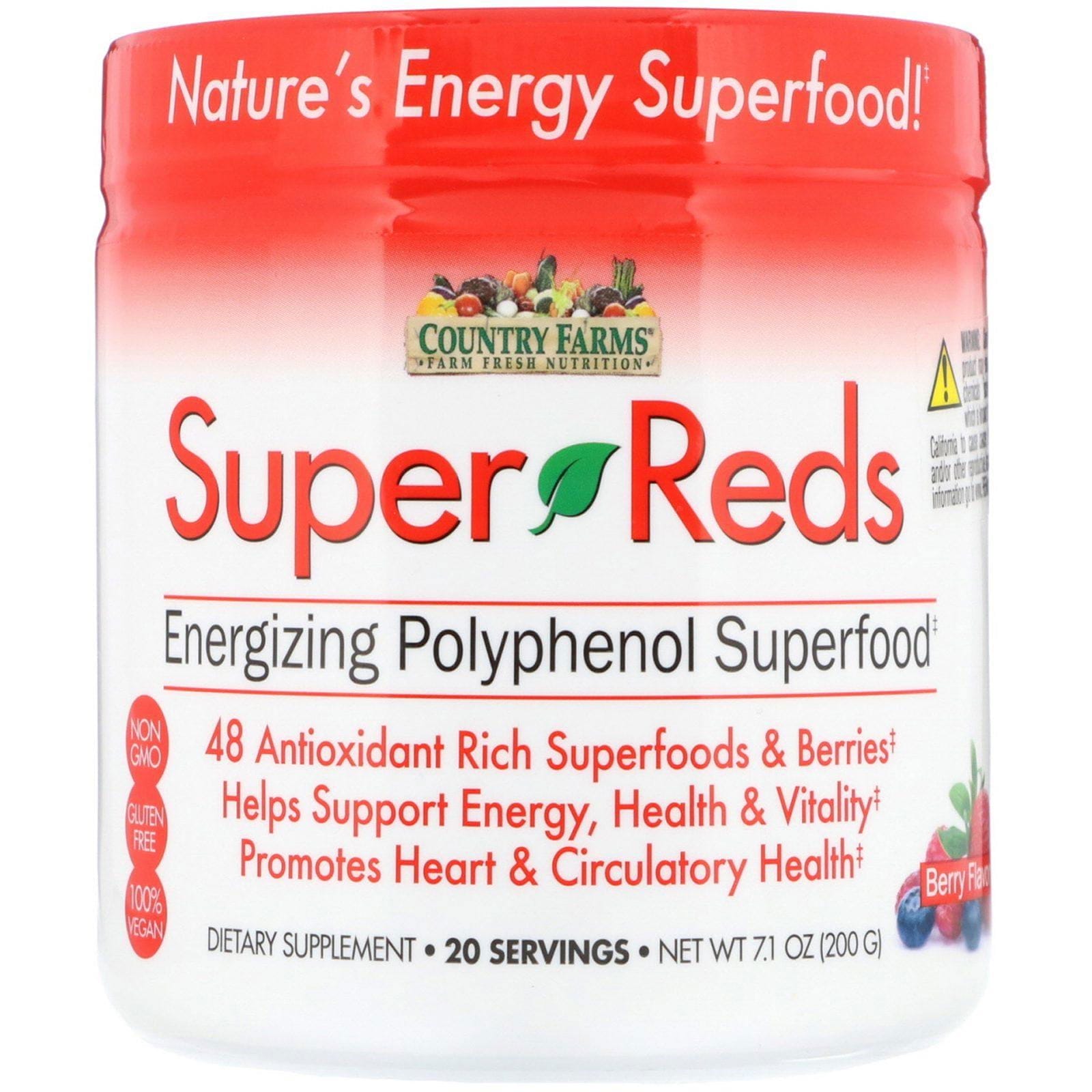 Country Farms, Súper rojos, Superalimento energizante de polifenoles, sabor a baya, 7.1 oz (200 g)
