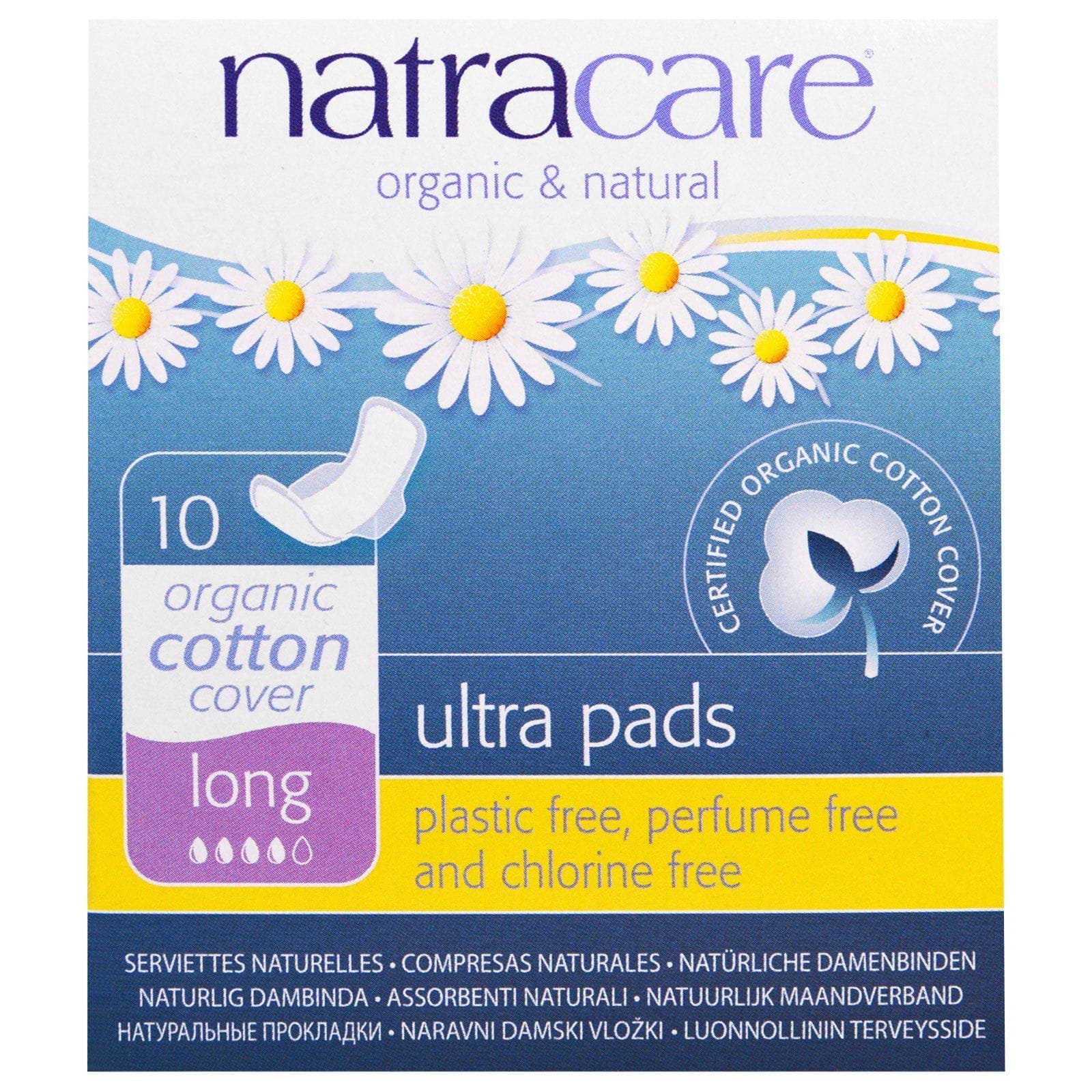 Natracare, Compresas ultrafinas, Cubierta de algodón orgánico, Larga, 10 compresas