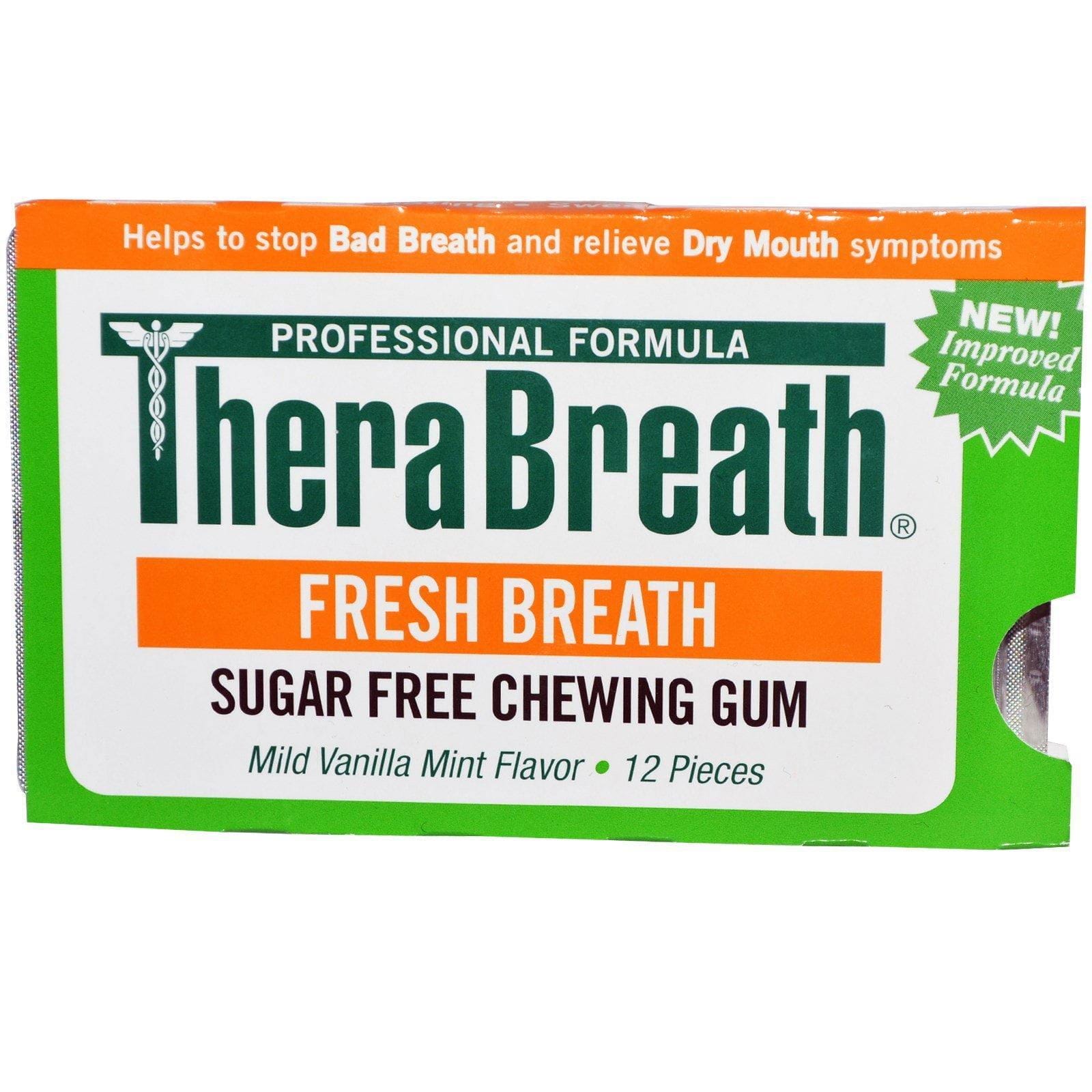TheraBreath, Aliento fresco, Goma de mascar libre de azúcar, Sabor vainilla menta suave, 12 unidades