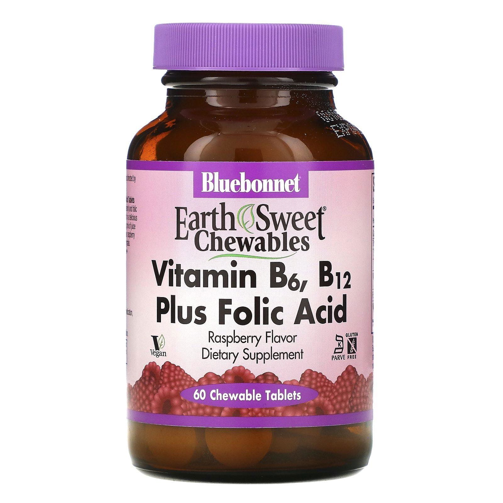 Bluebonnet Nutrition, EarthSweet Chewables, Vitamin B6, B12 Plus Folic Acid, Raspberry, 60 Chewable Tablets