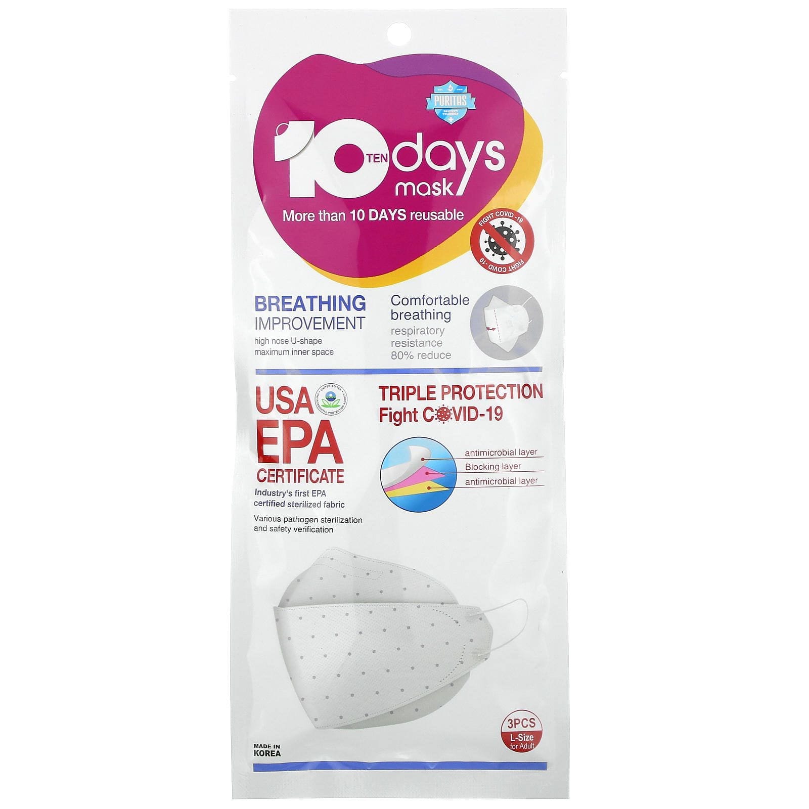 Puritas, 10 Days Mask, 3 Pack