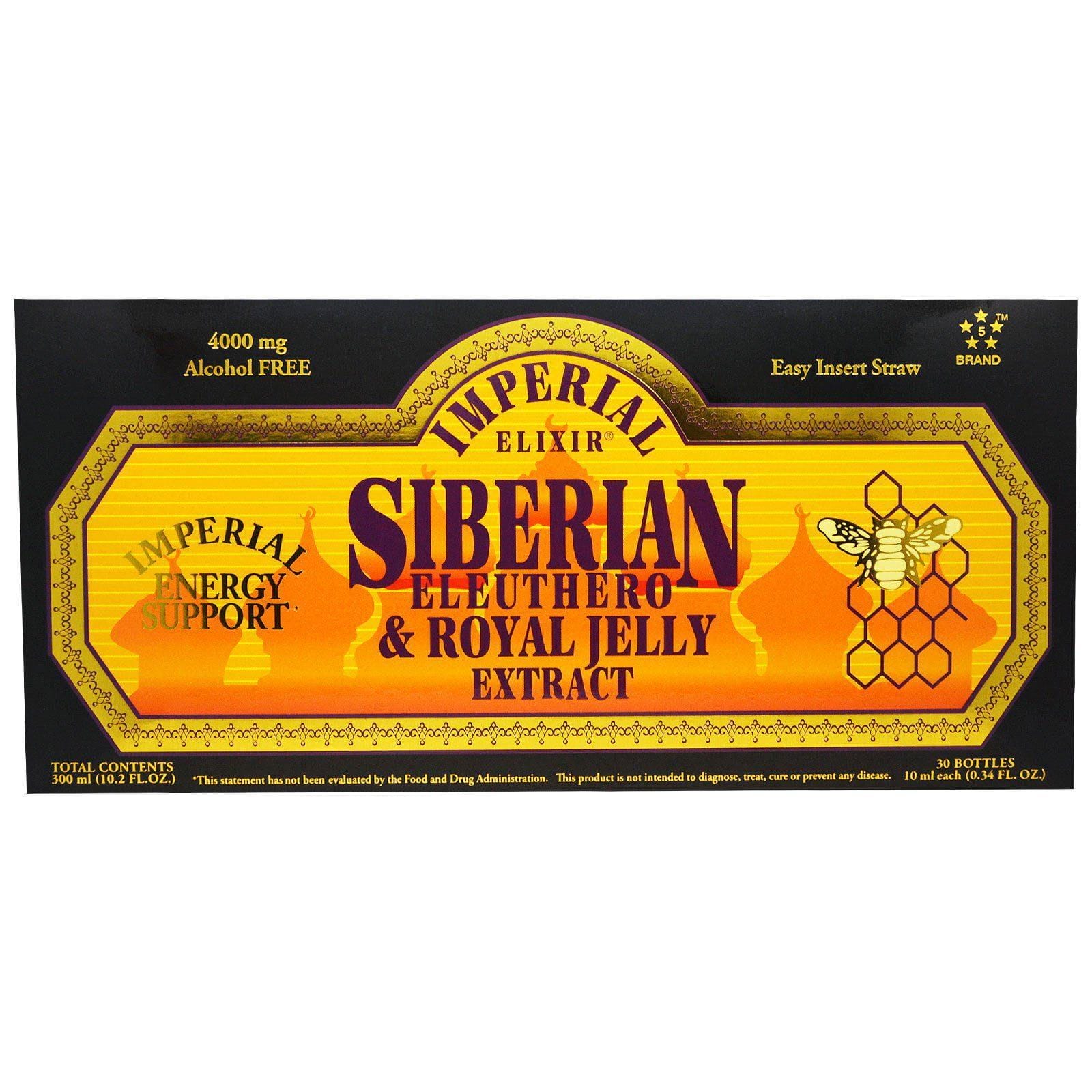 Imperial Elixir, Extracto de Eleuthero Siberiano y Jalea Real, Sin Alcohol, 4000 mg, 30 Botellas, 0.34 fl oz (10 ml) Cada Uno