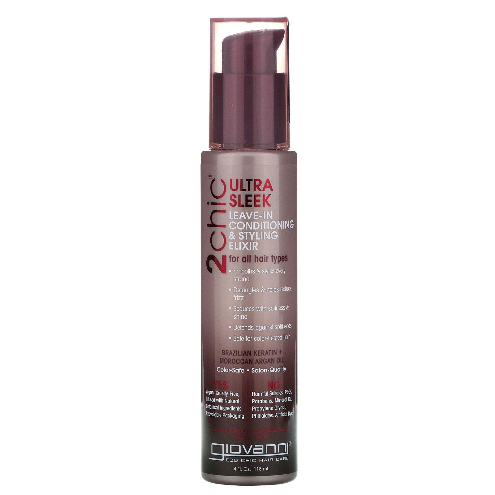 Giovanni, Elixir Modelador & Acondicionador Sin Enjuague Ultra-Alisante 2chic, Queratina Brasileña & Aceite de Argán, 4 fl oz (118 ml)