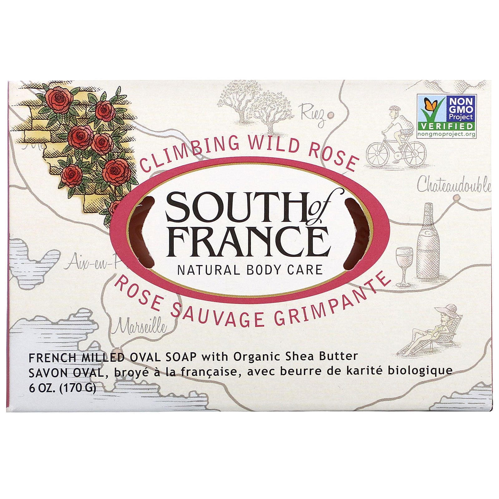 South of France, Rosal trepador silvestre, Jabón francés ovalado molido con manteca de karité orgánica, 6 oz (170 g)