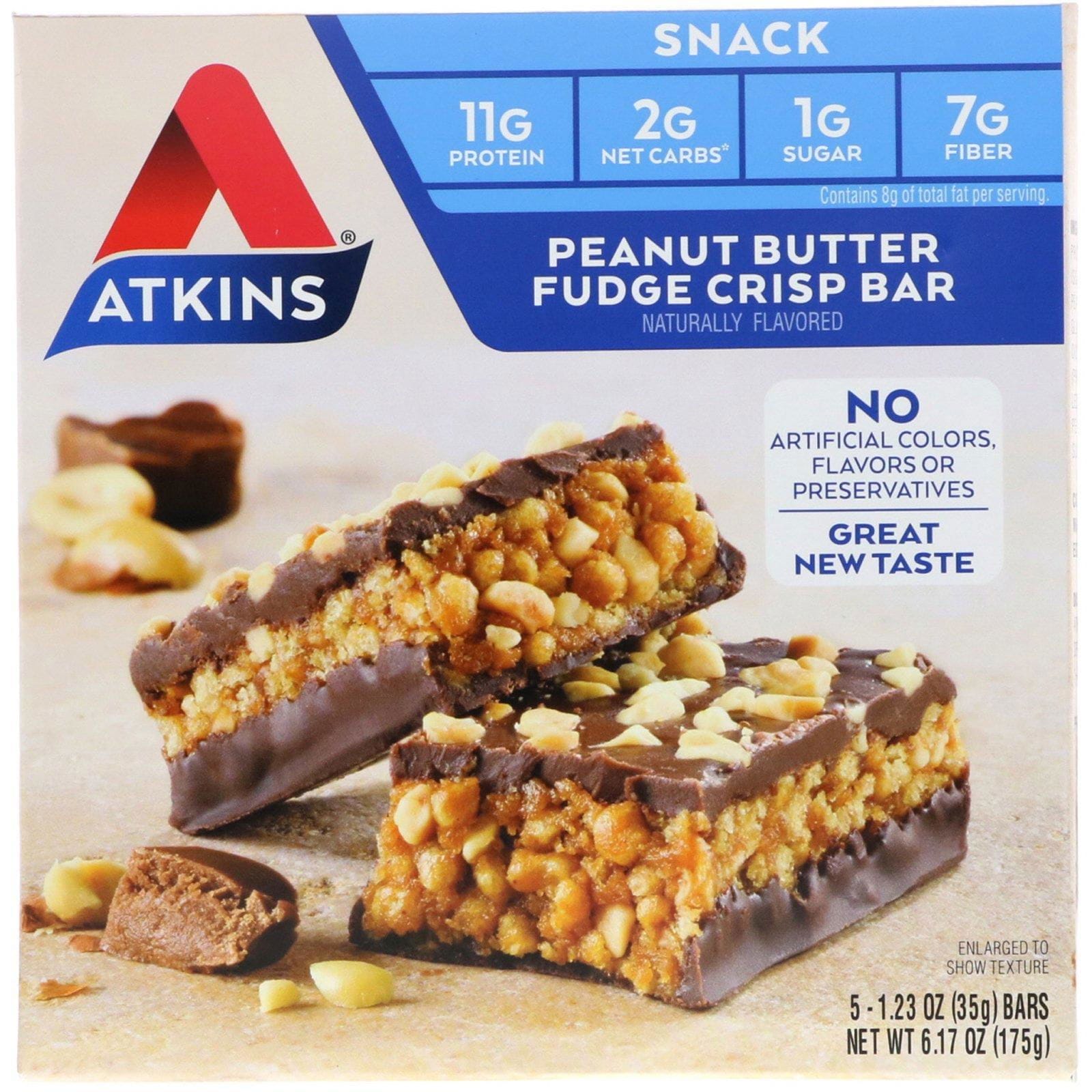 Atkins, Bocadillo, barra crujiente de caramelo de dulce de leche y mantequilla de maní, 5 barras, 1.2 oz (35 g) cada una