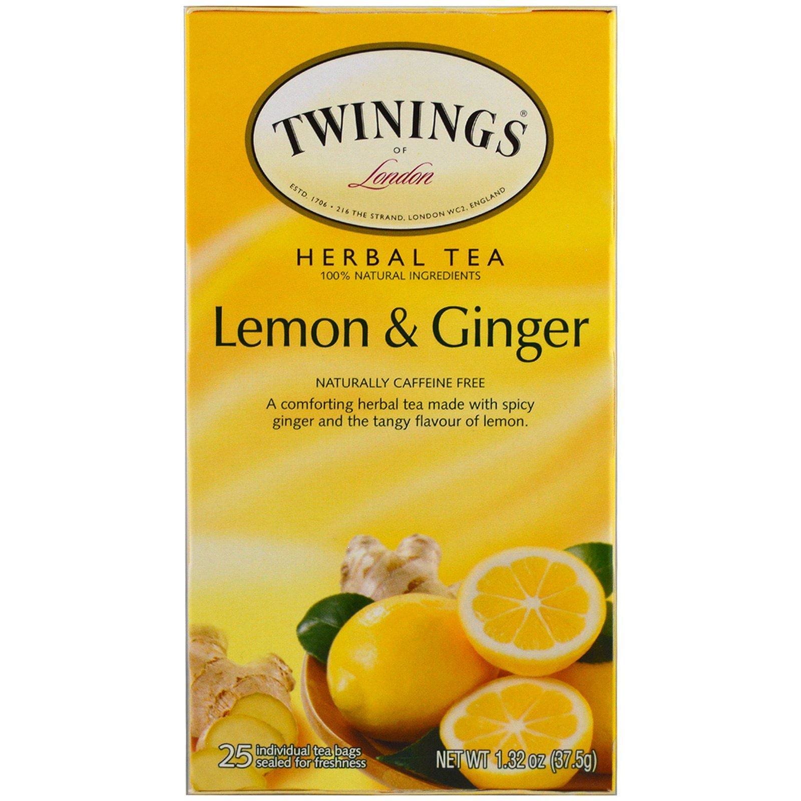Twinings, Té de hierbas, Limón y jengibre, Sin cafeína, 25 bolsitas, 1.32 oz (37.5 g)
