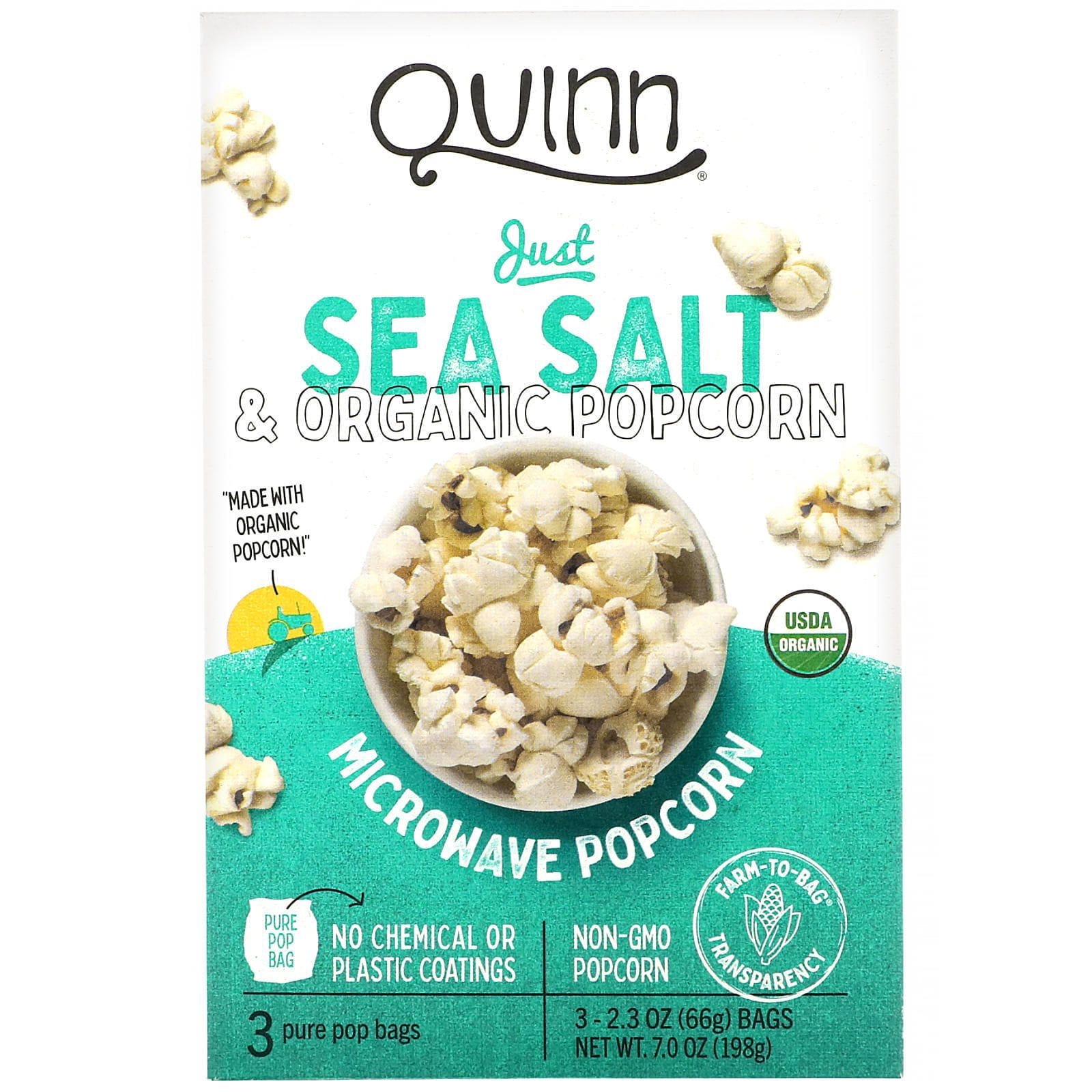 Quinn Popcorn, Palomitas de maíz para microondas, Solo sal marina, 3 bolsas, 66 g (2,3 oz) cada una