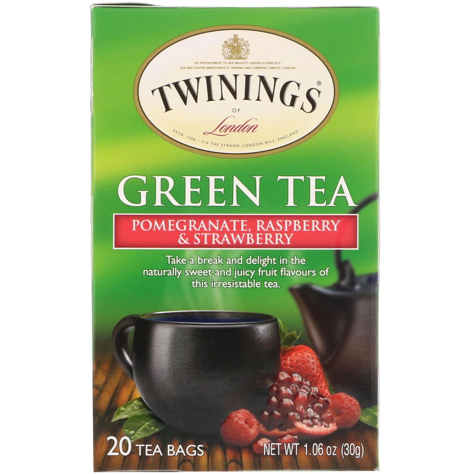 Twinings, Green Tea, Granada, fambruesa y fresa, 20 Bolsas de Té, 1.06 oz (30 g)