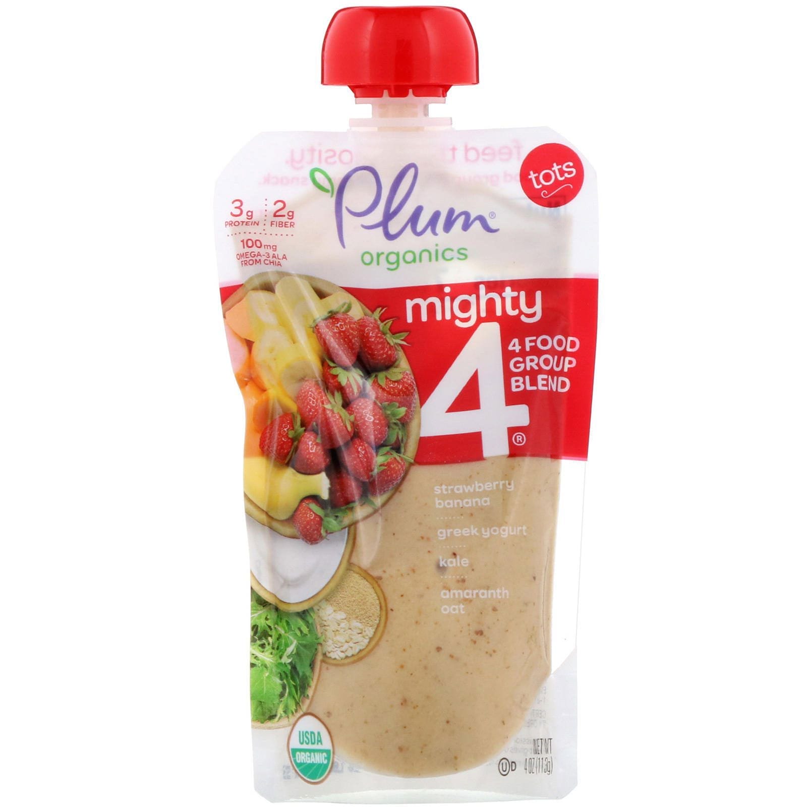 Plum Organics, Refrigerio Mighty 4, para niños, mezcla nutritiva de 4 grupos alimenticios, frutilla, banana, col rizada, yogur griego, avena y amaranto, 4 oz (113 g)