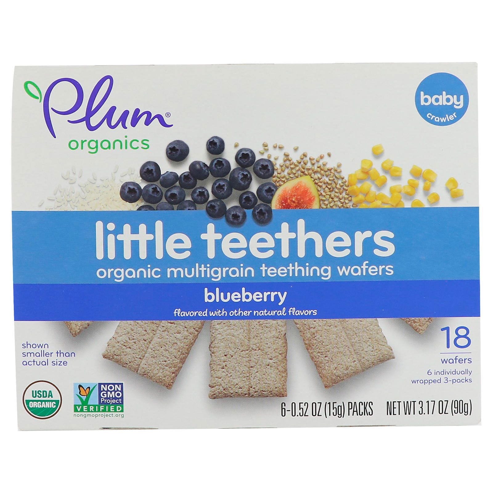 Plum Organics, Little Teethers, Galletas orgánicas multigrano para dentición, Arándano, 6 sobres, 0,52 oz (15 g) c/u