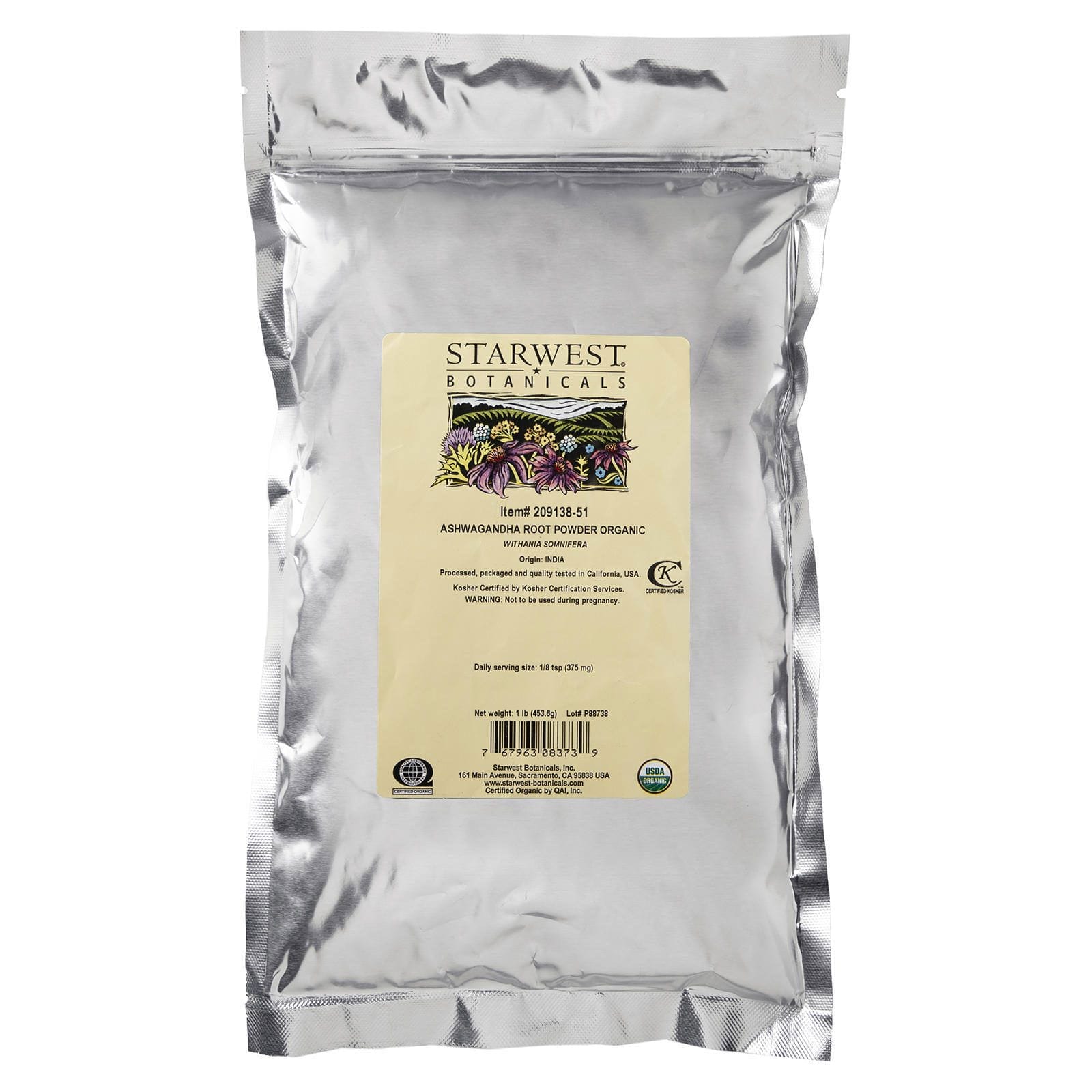 Starwest Botanicals, Organic Ashwagandha Root Powder, 1 lb (453.6 g)