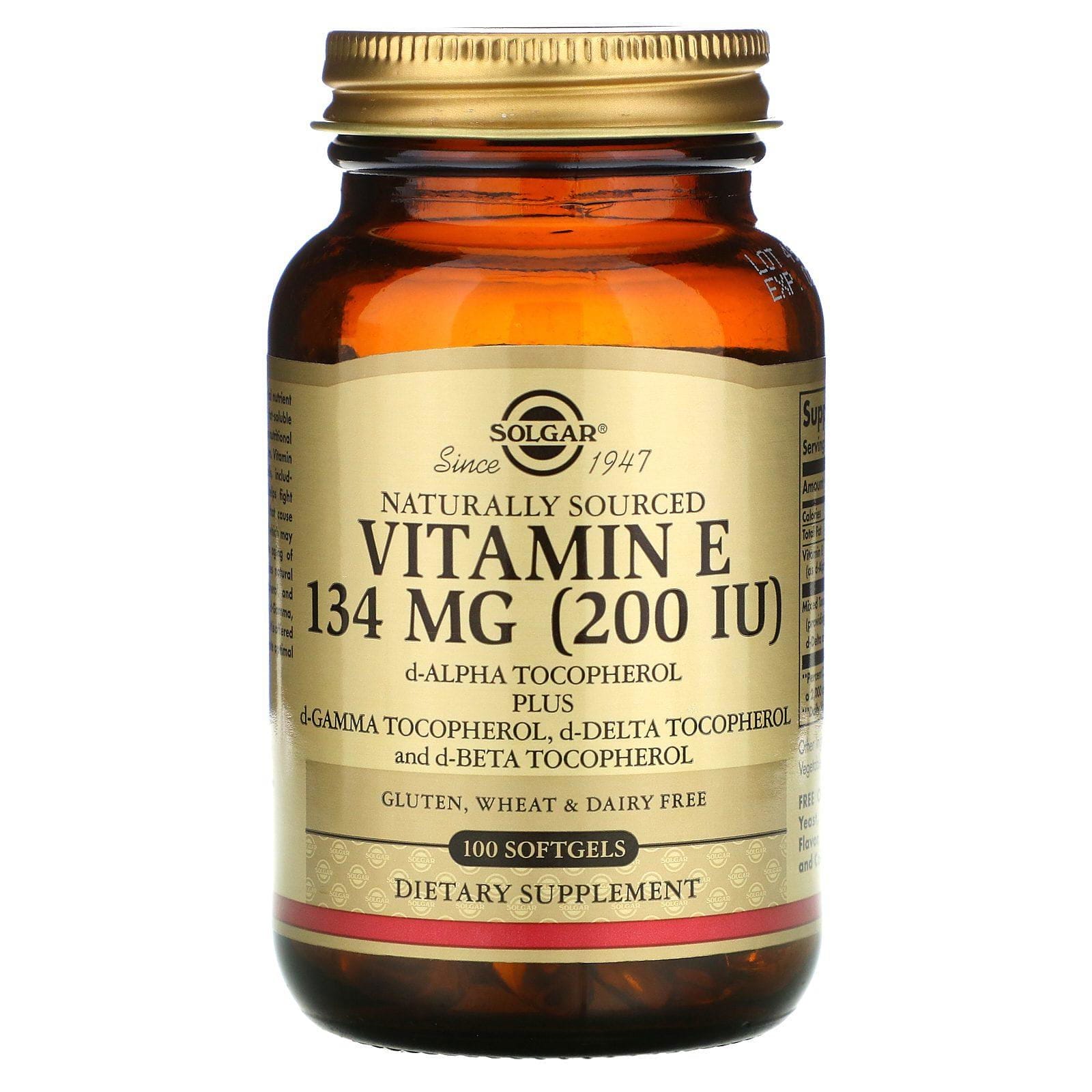 Solgar, Vitamina E de fuentes naturales, 134 mg (200 UI), 100 cápsulas blandas