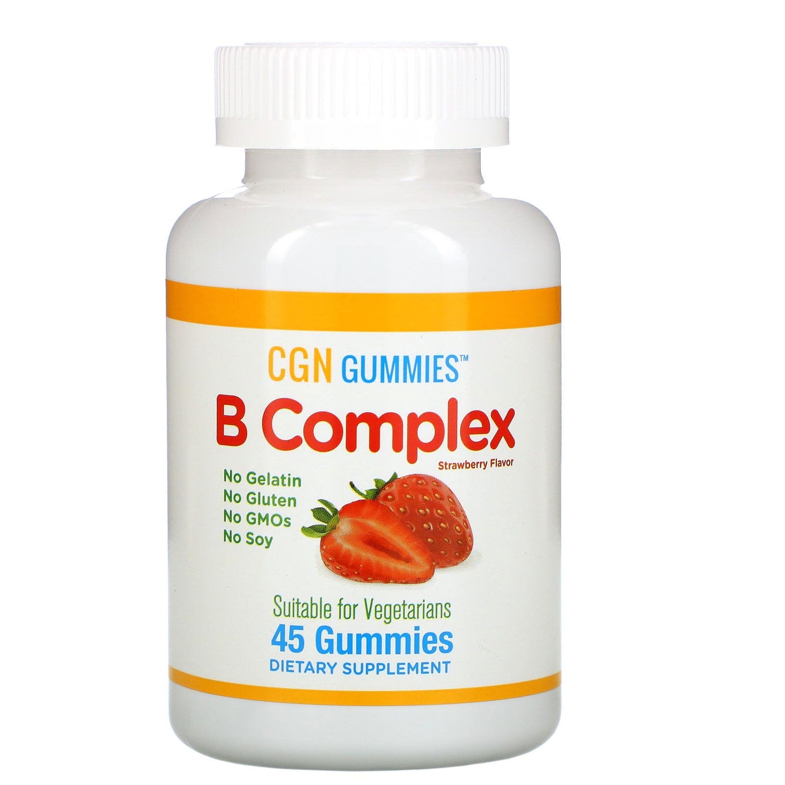 California Gold Nutrition, Gomitas con complejo vitamínico B, Sin gelatina, Sin gluten, Sabor natural a fresa, 45 gomitas