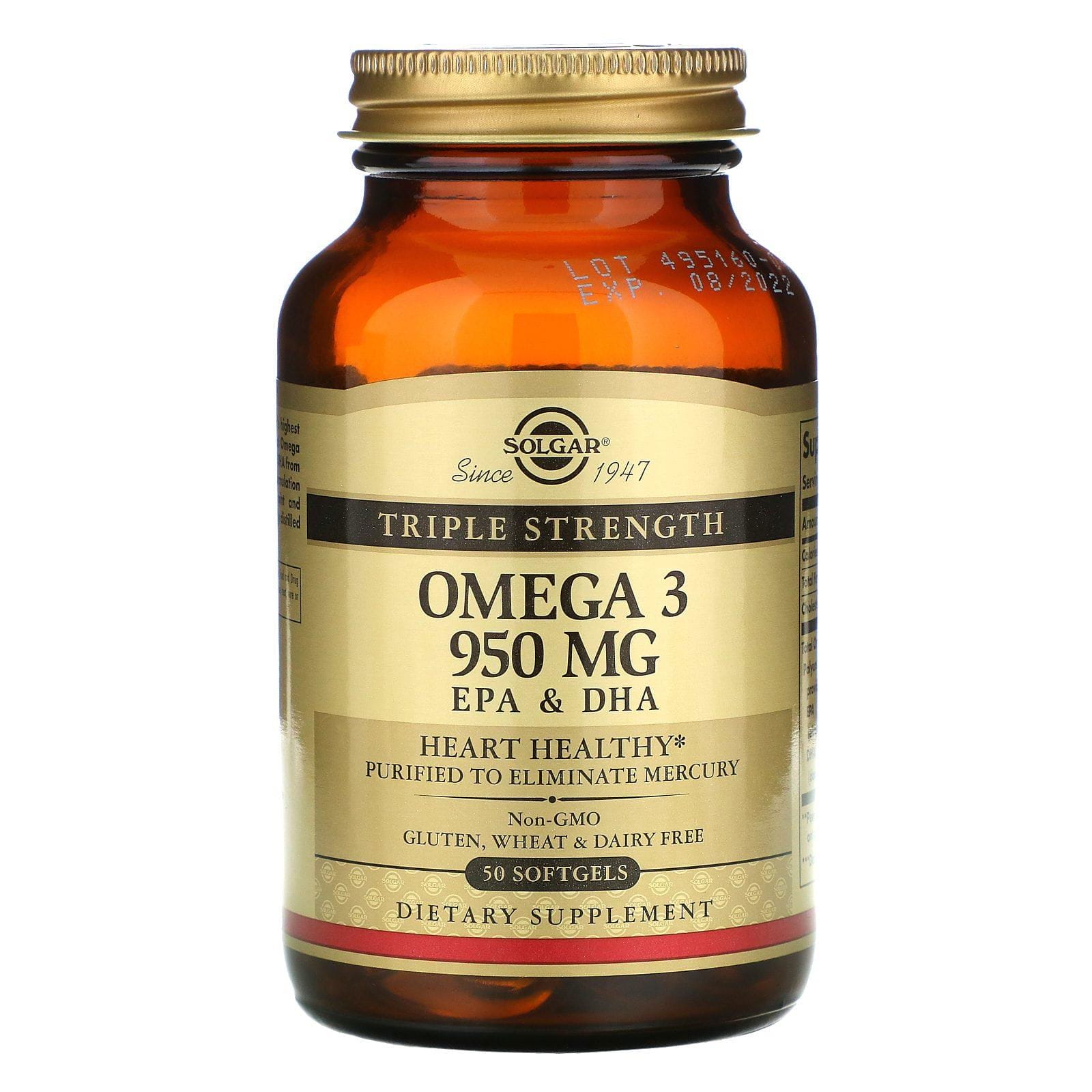 Solgar, Omega-3, EPA & DHA, triple fuerza, 950 mg, 50 cápsulas blandas