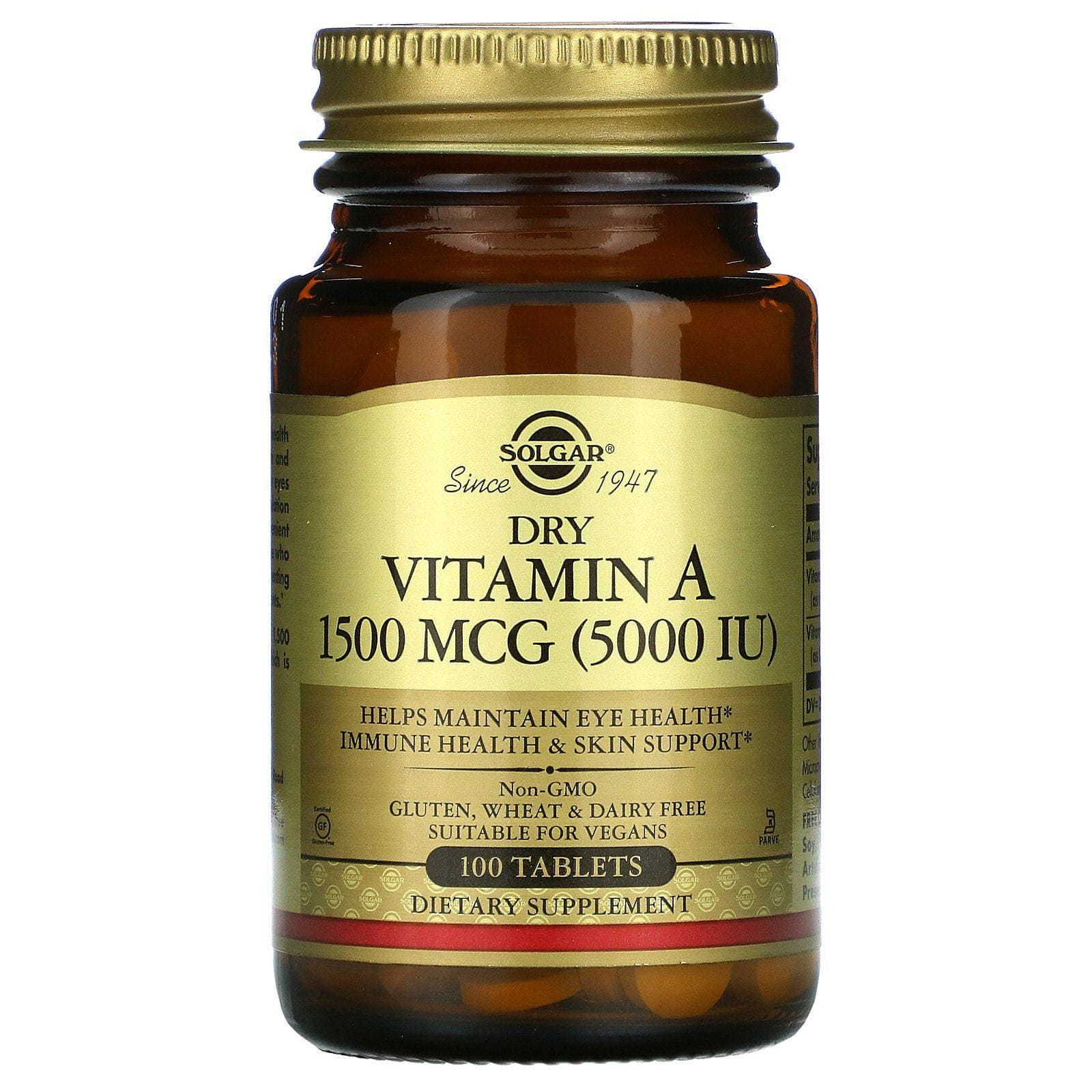 Solgar, Vitamina A seca, 1500 mcg (5000 UI), 100 comprimidos