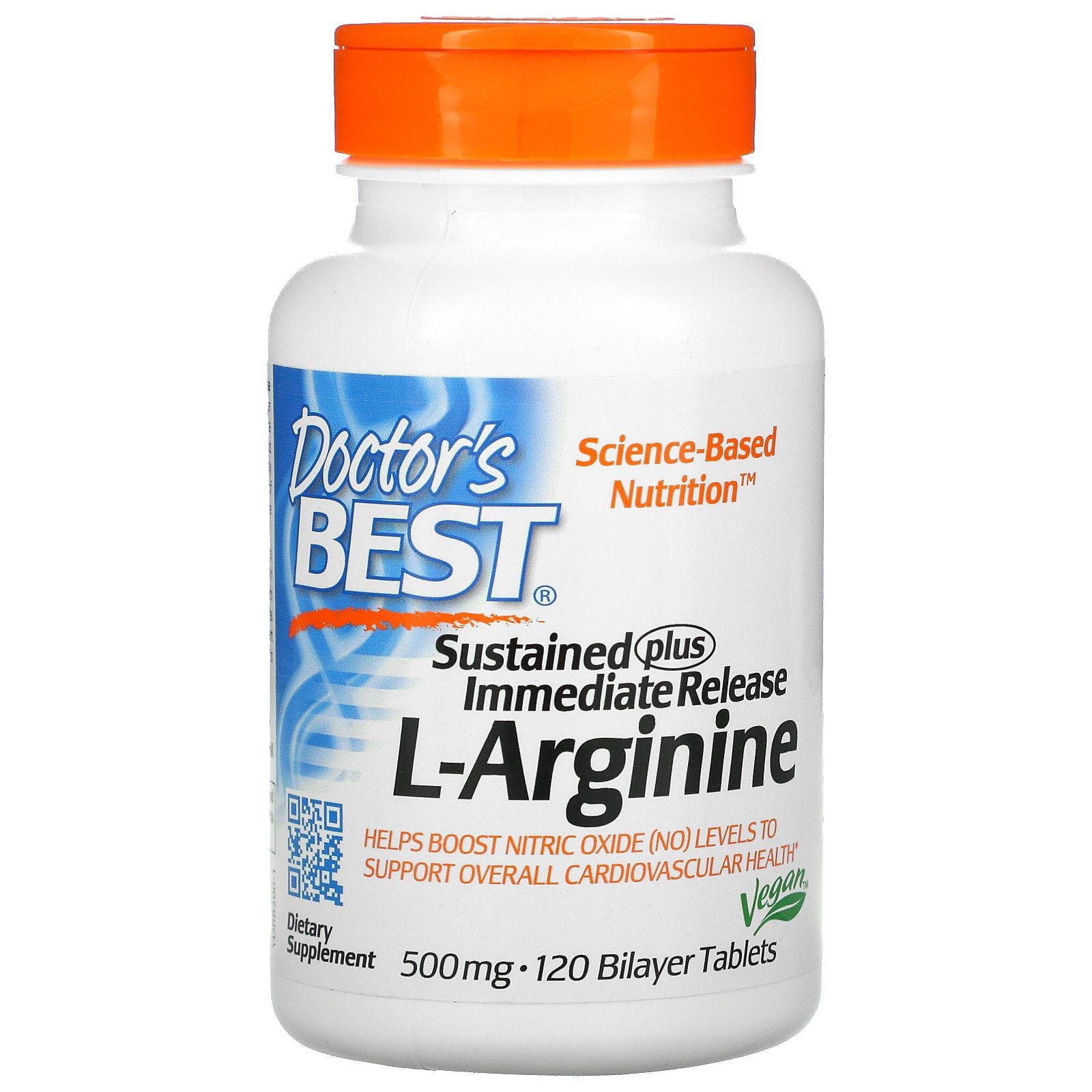 Doctor's Best, L-arginina de liberación inmediata y prolongada, 500 mg, 120 comprimidos bicapa