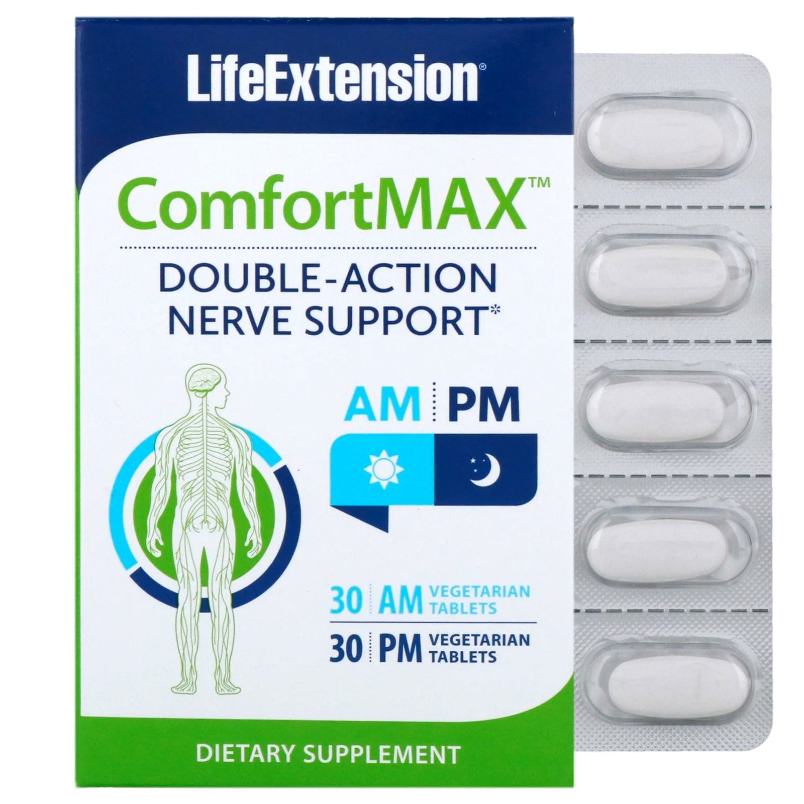 Life Extension, ComfortMAX, Double-Action Nerve Support, For AM & PM, 30 Vegetarian Tablets Each