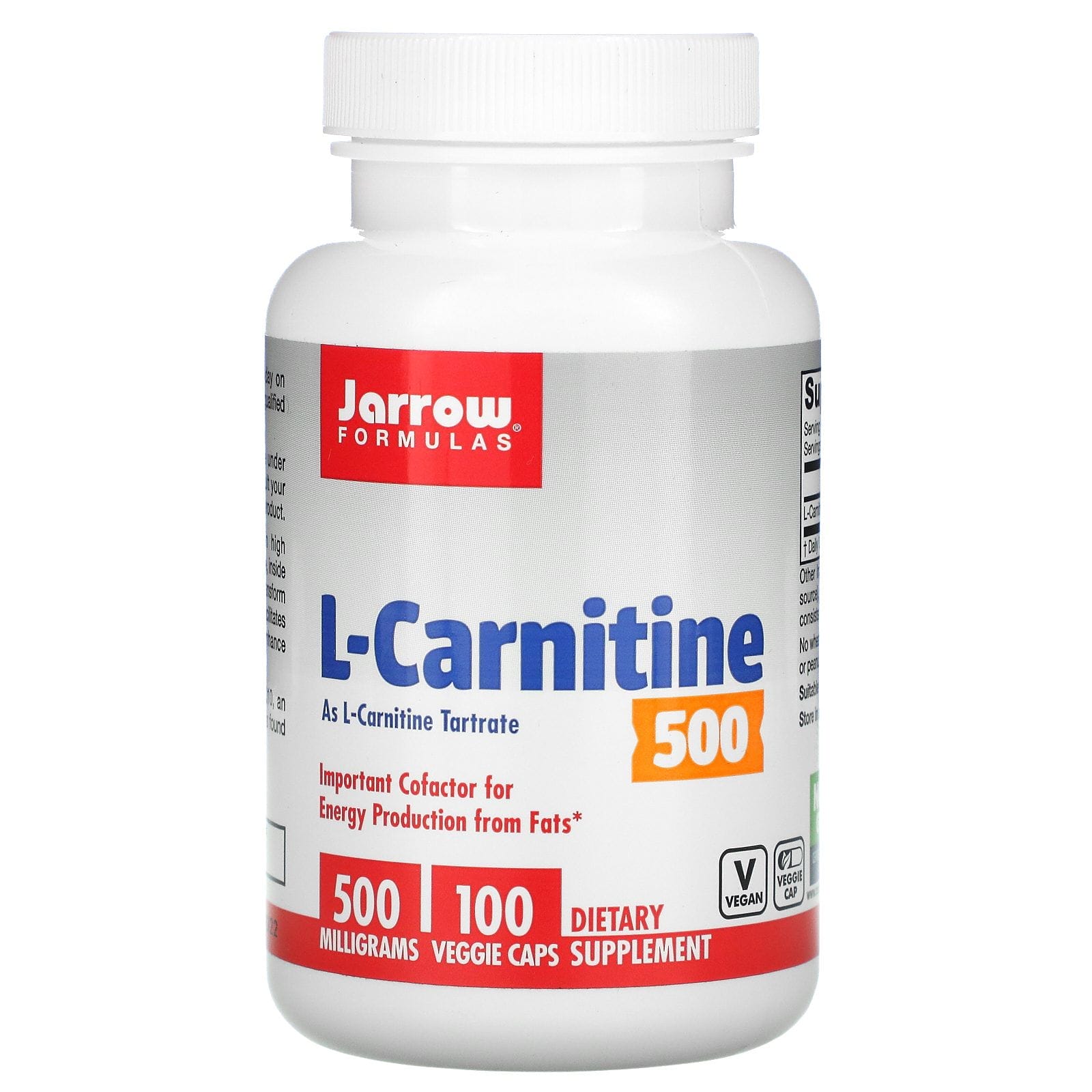 Jarrow Formulas, L-Carnitina 500, 500 mg, 100 cápsulas vegetales
