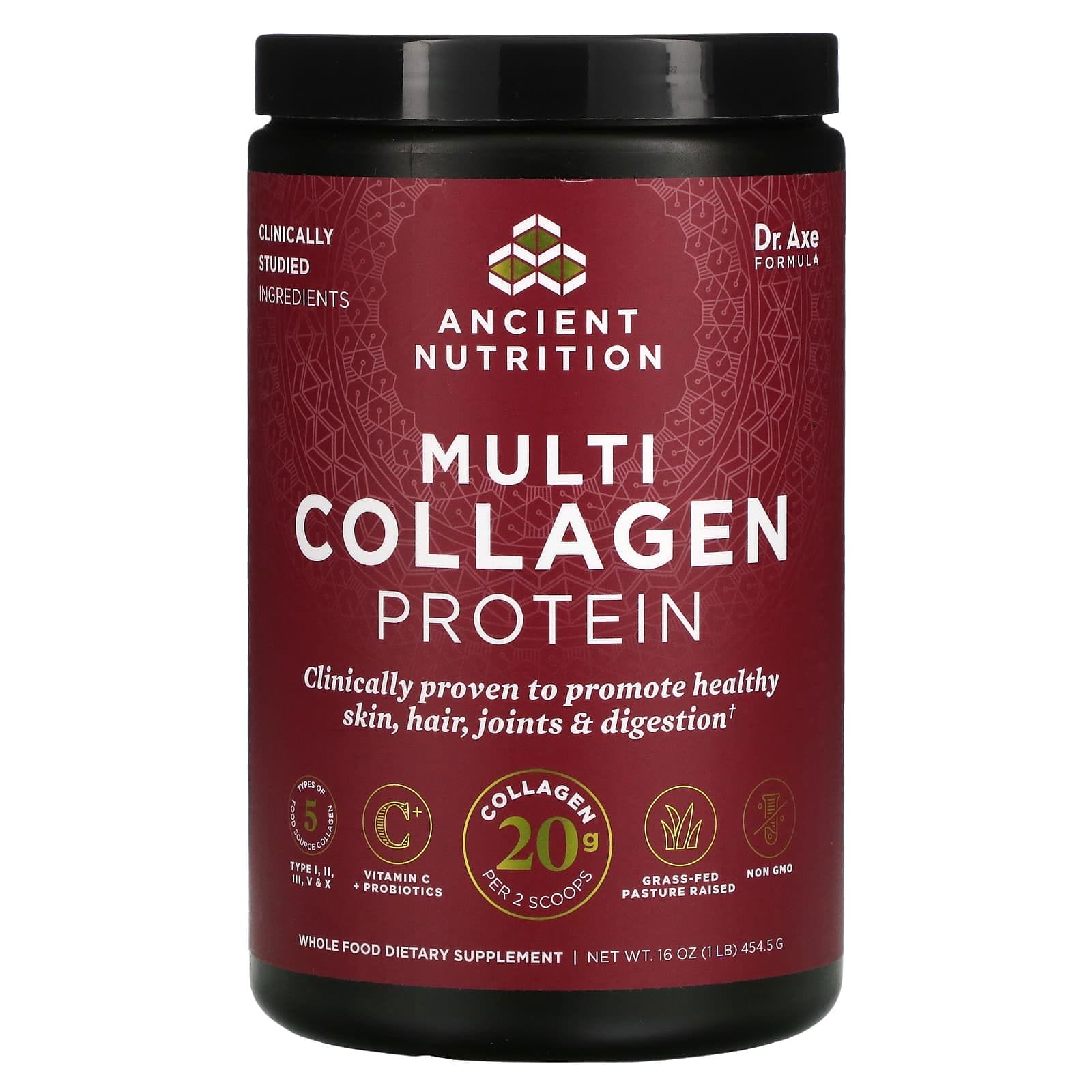 Dr. Axe / Ancient Nutrition, Proteína con múltiples tipos de colágeno, 454,5 g (1 lb)