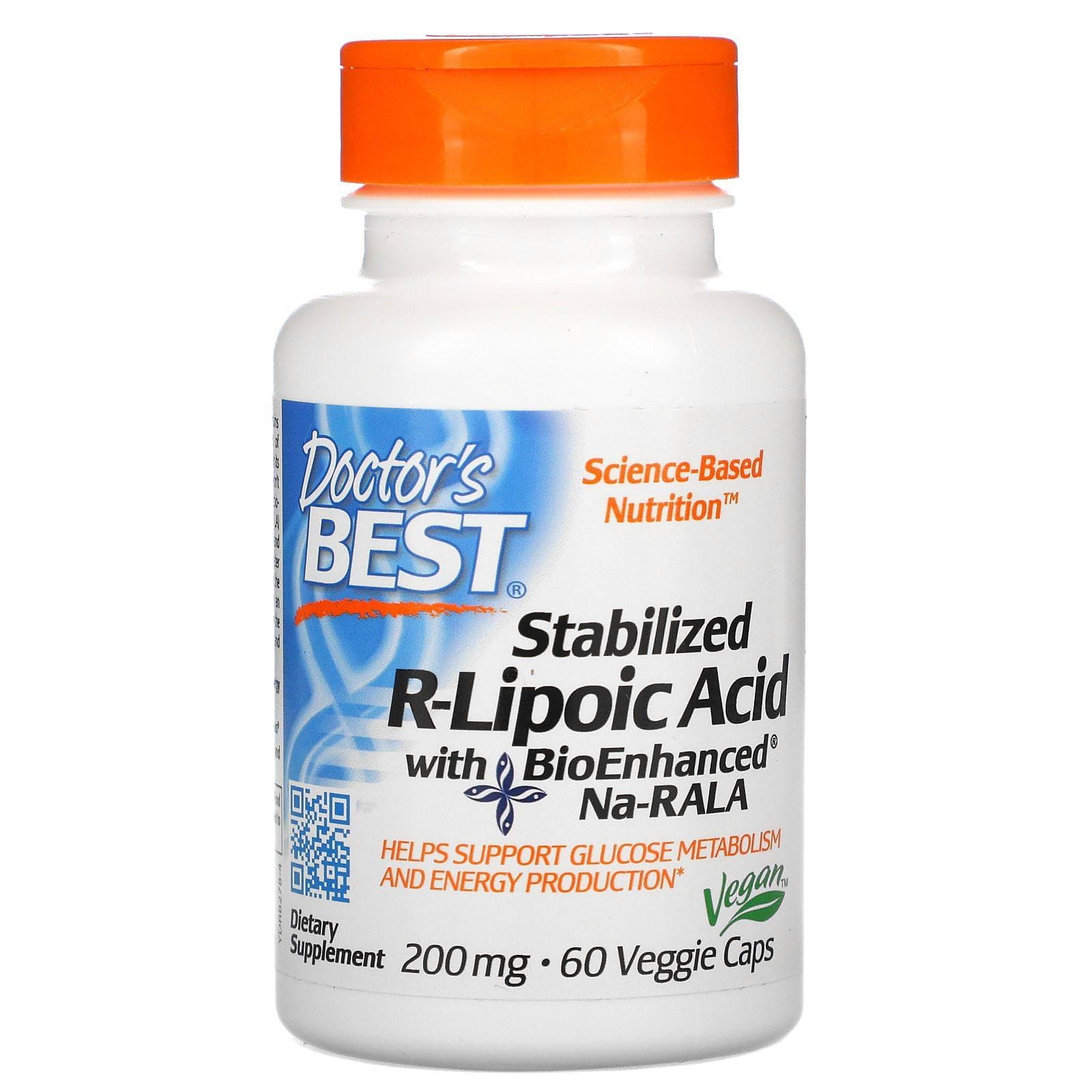 Doctor's Best, Ácido R-lipoico estabilizado con Na-RALA BioEnhanced, 200 mg, 60 cápsulas vegetales