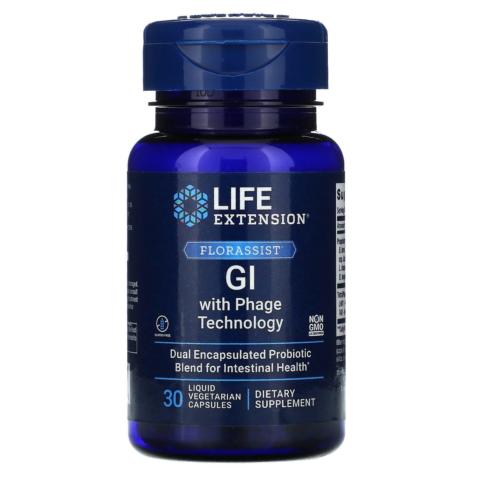 Life Extension, Suplemento gastrointestinal con tecnología de fagos FLORASSIST, 30 cápsulas vegetales líquidas