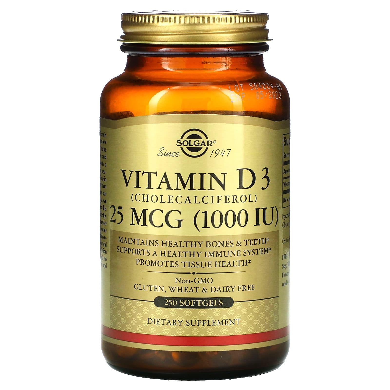Solgar, Vitamina D3 (colecalciferol), 25 mcg (1000 UI), 250 cápsulas blandas