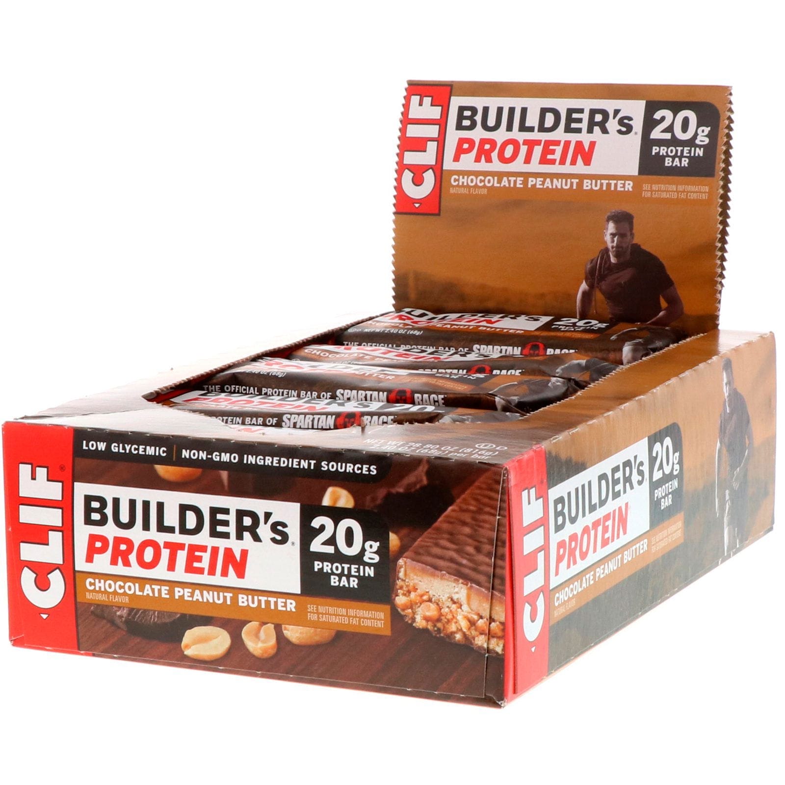 Clif Bar, Barra de proteínas de físicoculturista, mantequilla de maní y chocolate, 12 barras, 2.4 oz (68 g) c/u