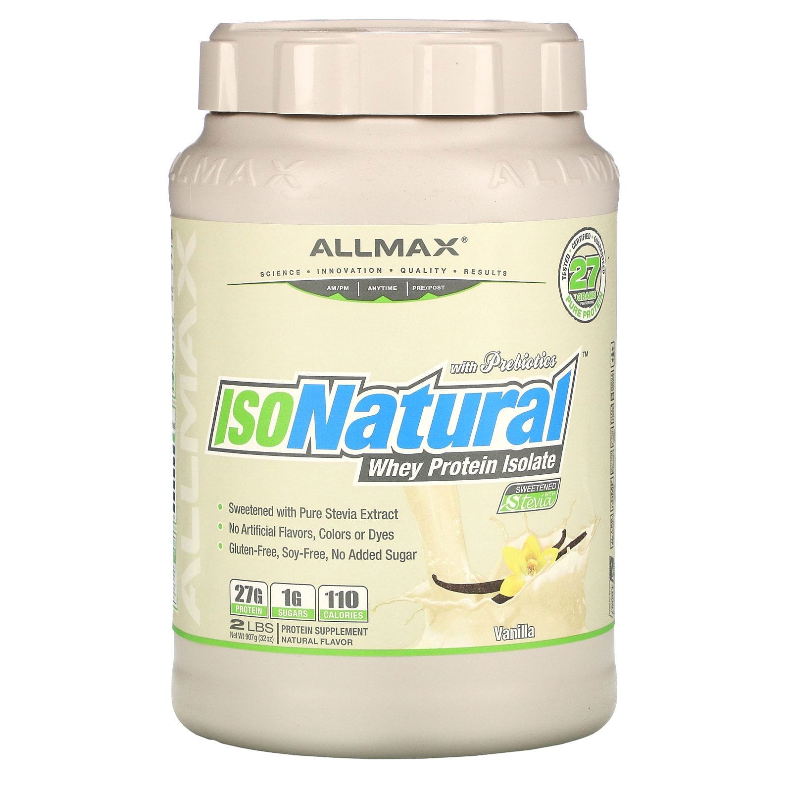 ALLMAX Nutrition, IsoNatural, aislado de proteína de lactosuero ultrapuro y 100 % natural, vainilla, 2 lb (907 g)