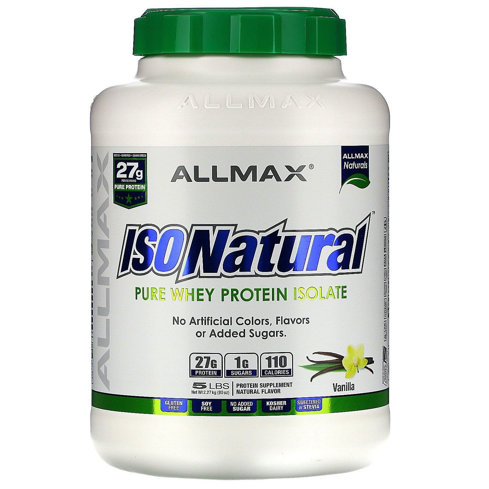 ALLMAX Nutrition, IsoNatural, aislado de proteína de suero de leche ultrapuro y 100 % natural (WPI90), vainilla, 5 lbs (2.27 kg)