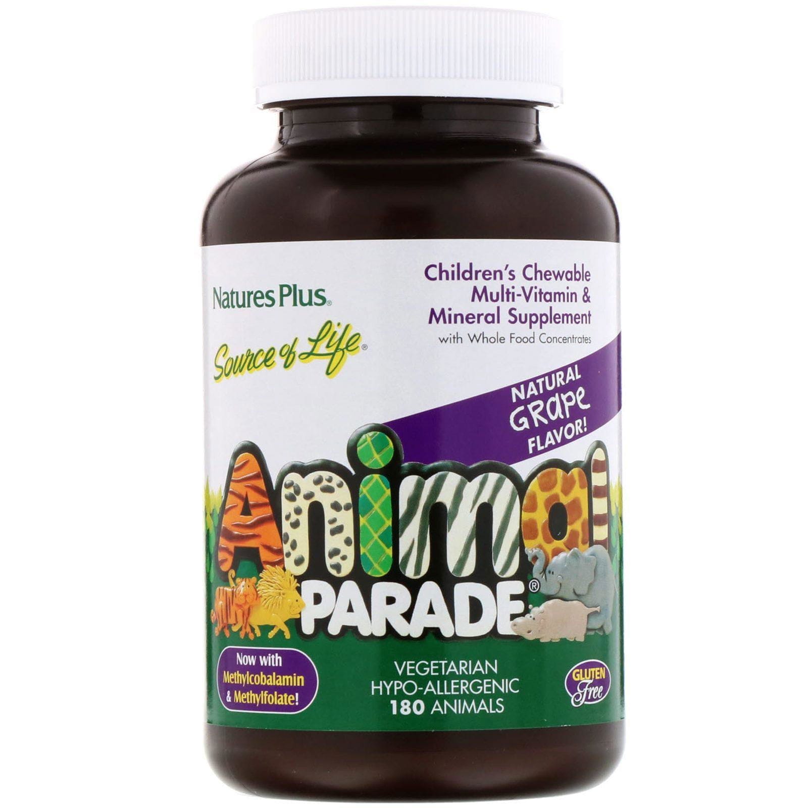 Nature's Plus, Suplemento mineral masticable y multivitamínico para niños , sabor uva natural, 180 animales