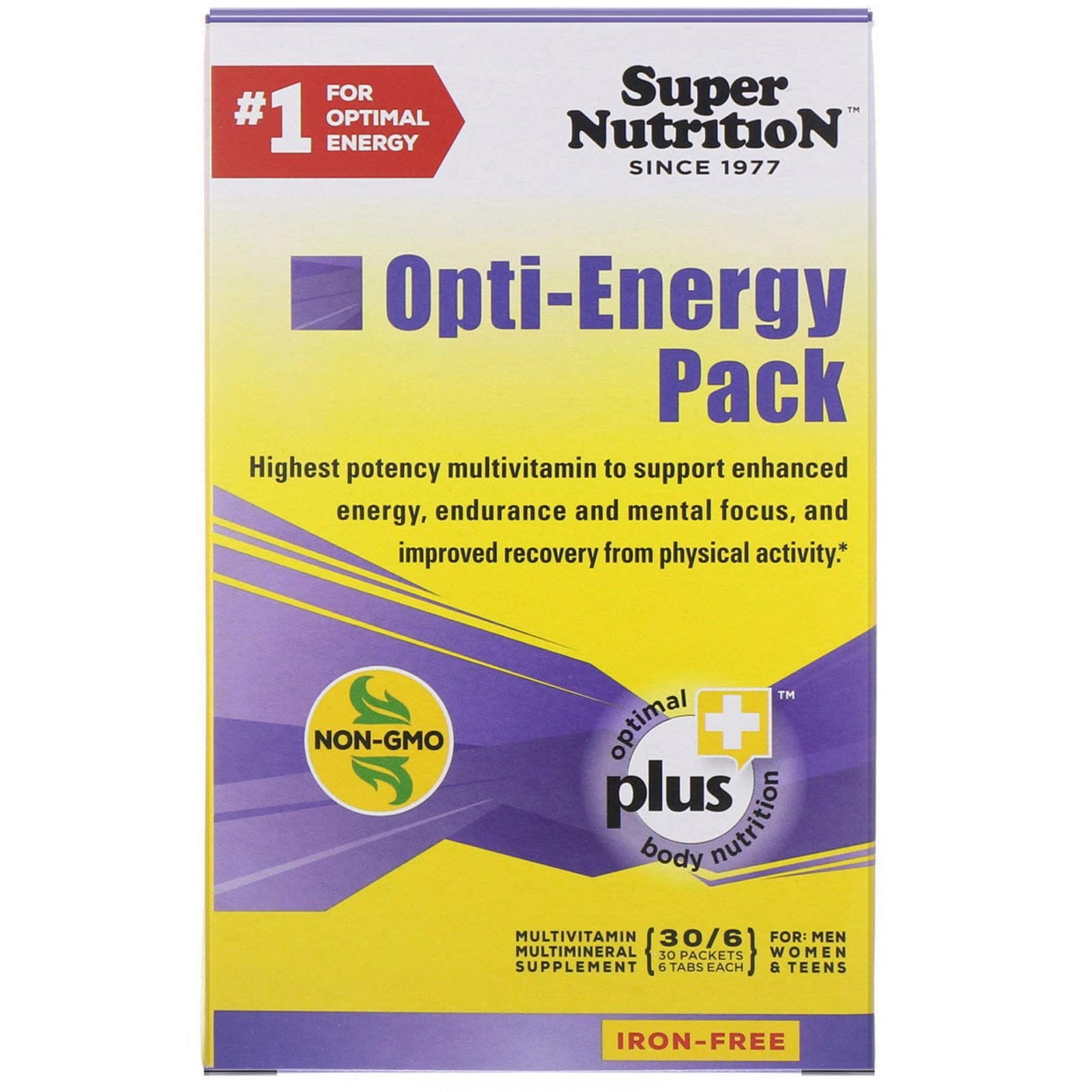 Super Nutrition, Opti-Energy Pack, suplemento multivitamínico/mineral, sin hierro, 30 paquetes (6 comprimidos cada uno)