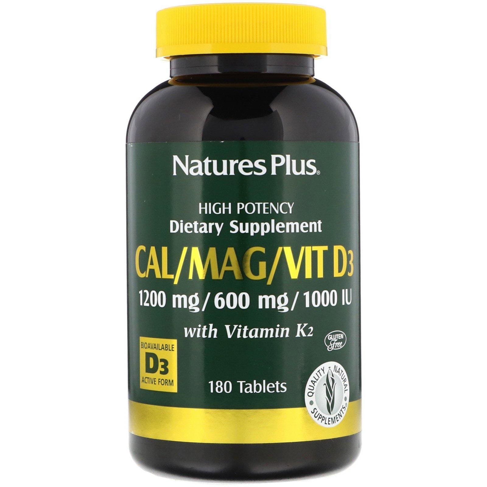 Nature's Plus, Suplemento de Minerales Calcio/Magnesio/Vitamina D3 y K2, 180 Tabletas