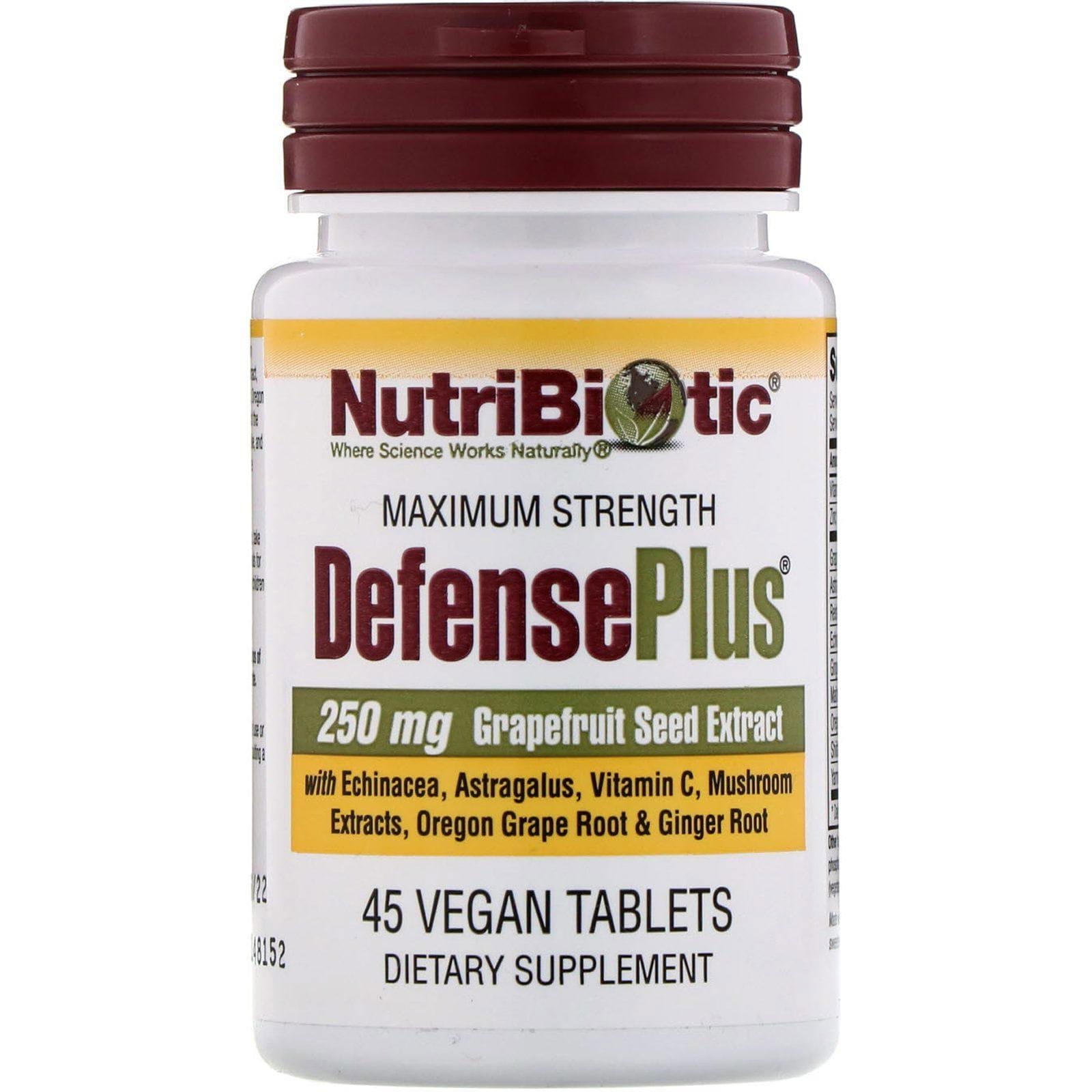 NutriBiotic, DefensePlus, Máxima Fuerza, 250 mg, 45 Tabletas Veganas