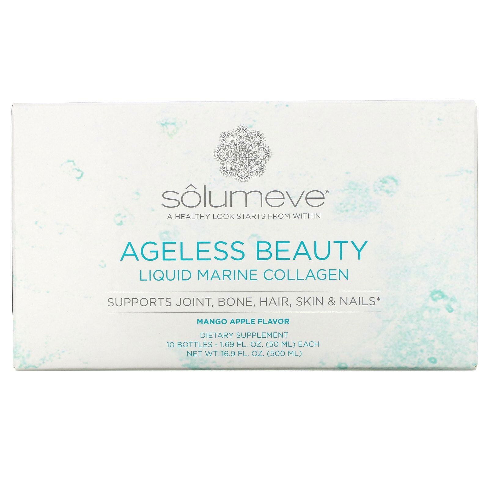 Solumeve, Belleza sin edad, Colágeno marino líquido con glucosamina, Refuerzo para las articulaciones y el tejido conjuntivo, Sabor a mango y manzana, 10 envases, 50 ml (1,69 oz. líq.) cada uno