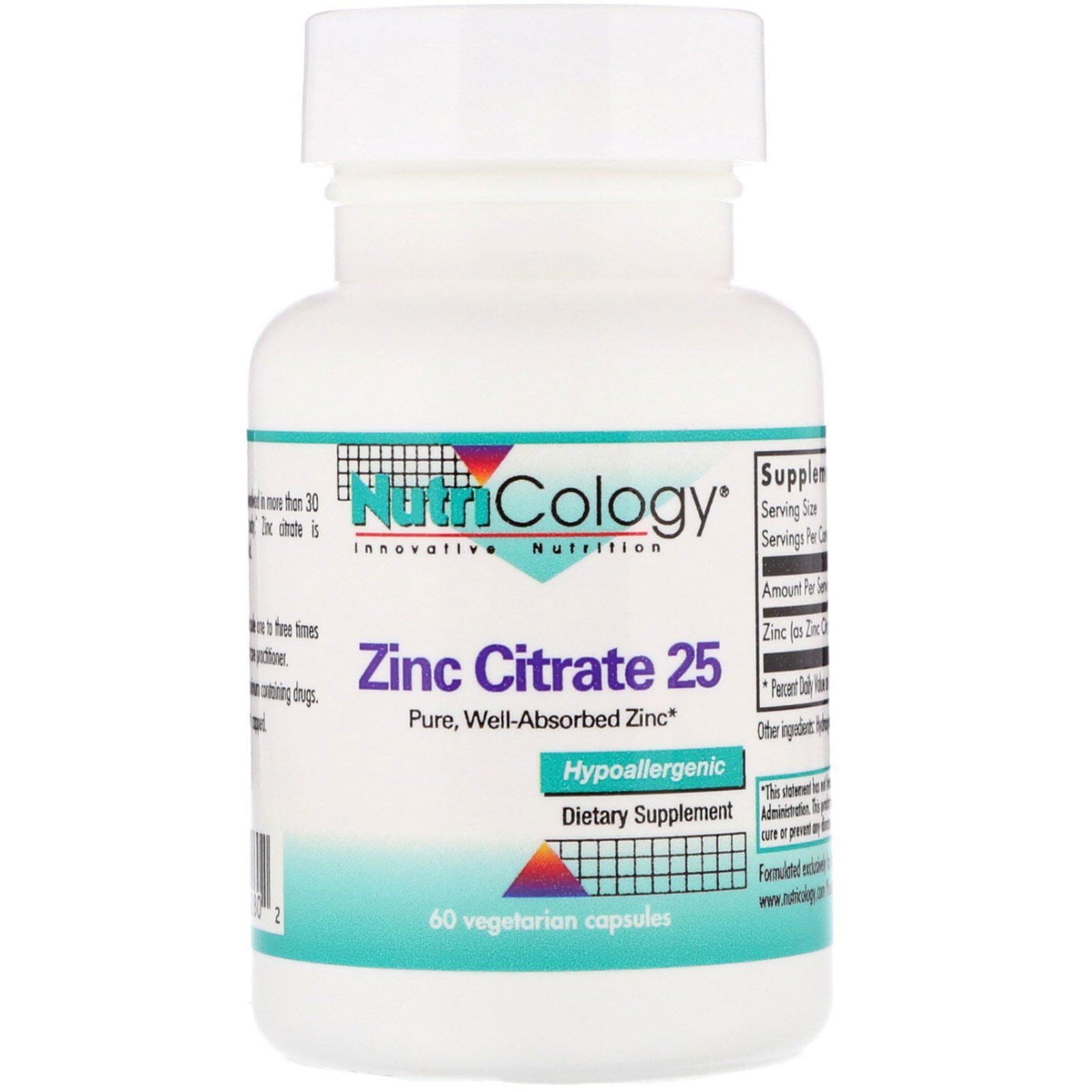 Nutricology, Citrato de zinc 25, 60 cápsulas vegetarianas