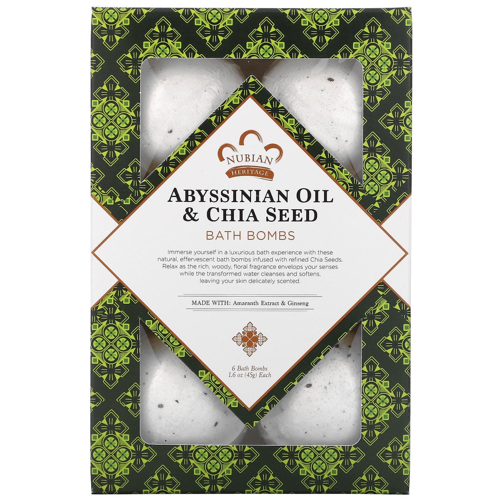 Nubian Heritage, Abyssinian Oil & Chia Seed, Bath Bombs, 6 Bath Bombs, 1.6 oz (45 g) Each