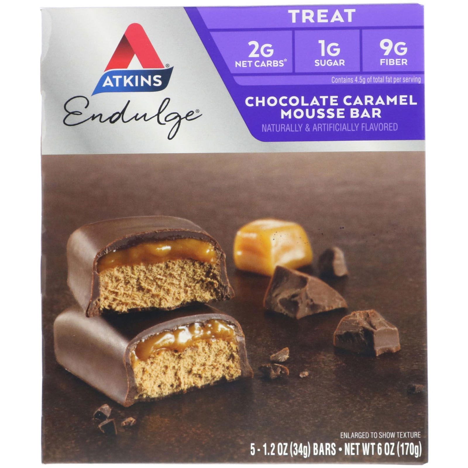 Atkins, Endulge, barra de mousse de chocolate y caramelo, 5 barras, 1,2 oz (34 g) por barra