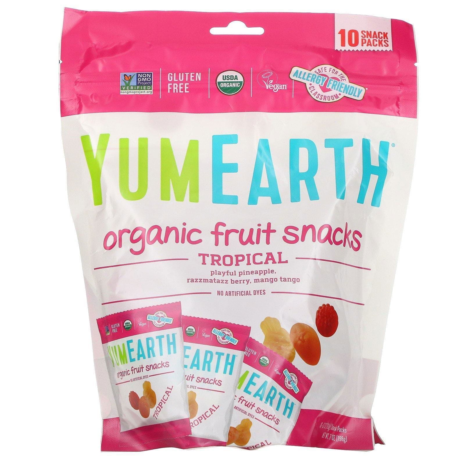 YumEarth, Snacks de fruta orgánica, tropical, 10 packs, 17,6 g (0,62 oz) cada uno