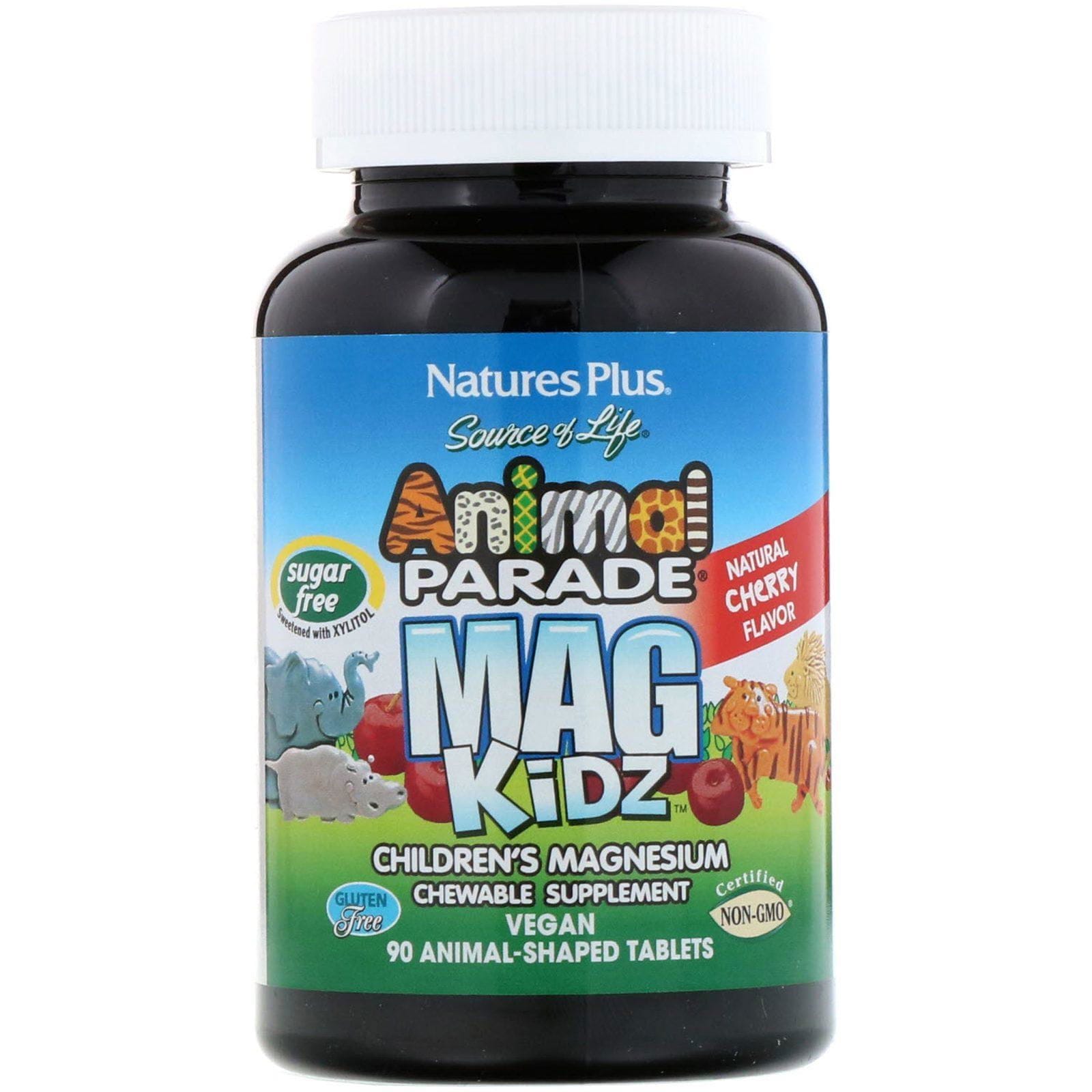Nature's Plus, Source of Life, Animal Parade, MagKidz, Magnesio para niños, Sabor natural a cereza, 90 comprimidos con forma de animales