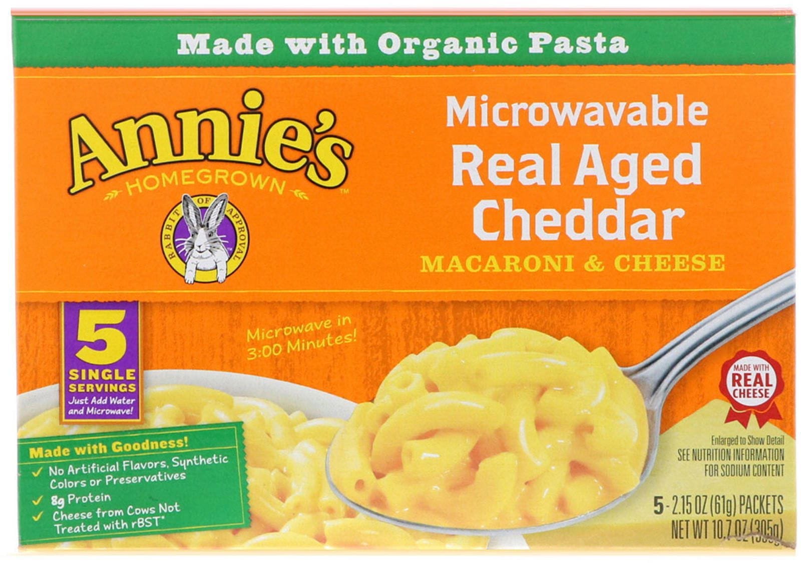 Annie's Homegrown, Microwavable Mac & Cheese, Real Cheddar (Queso Cheddar Real), 5 Paquetes, 2.15 oz (61 g) Cada Una