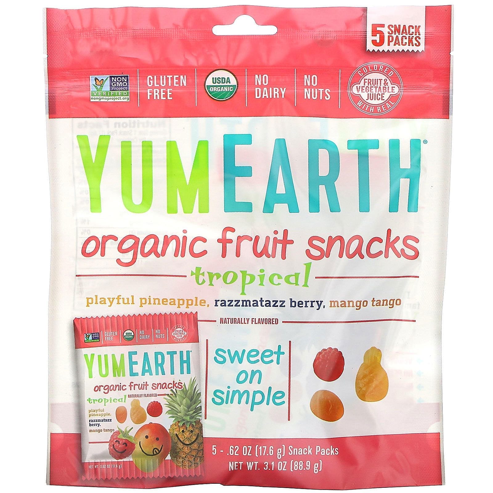 YumEarth, Snacks de fruta orgánica, tropical, 5 packs, 17,6 g (0,62 oz) cada uno