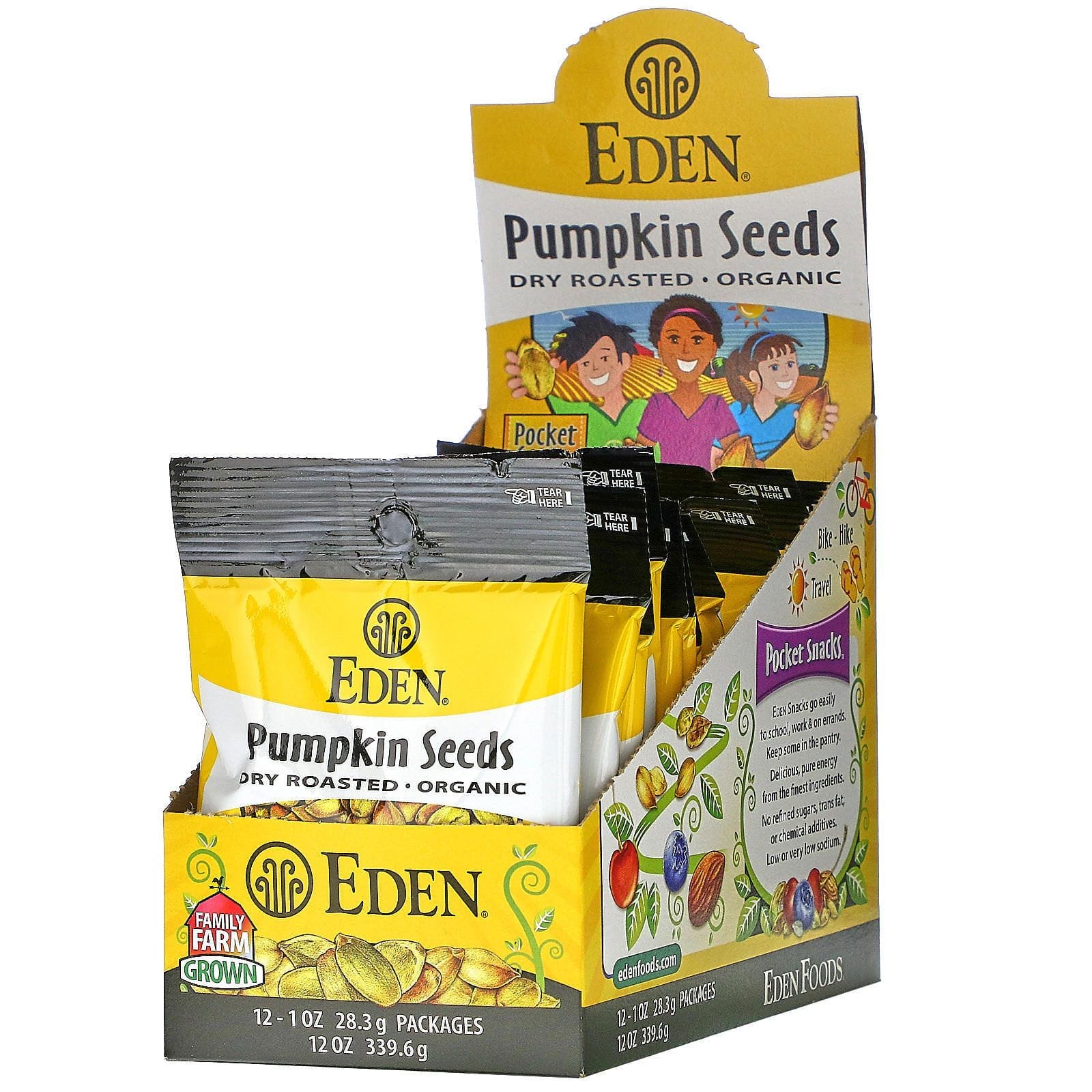 Eden Foods, Orgánicas, bocadillos de bolsillo, semillas de calabaza, tostadas en seco, 12 paquetes, 1 oz (28.3 g) cada uno