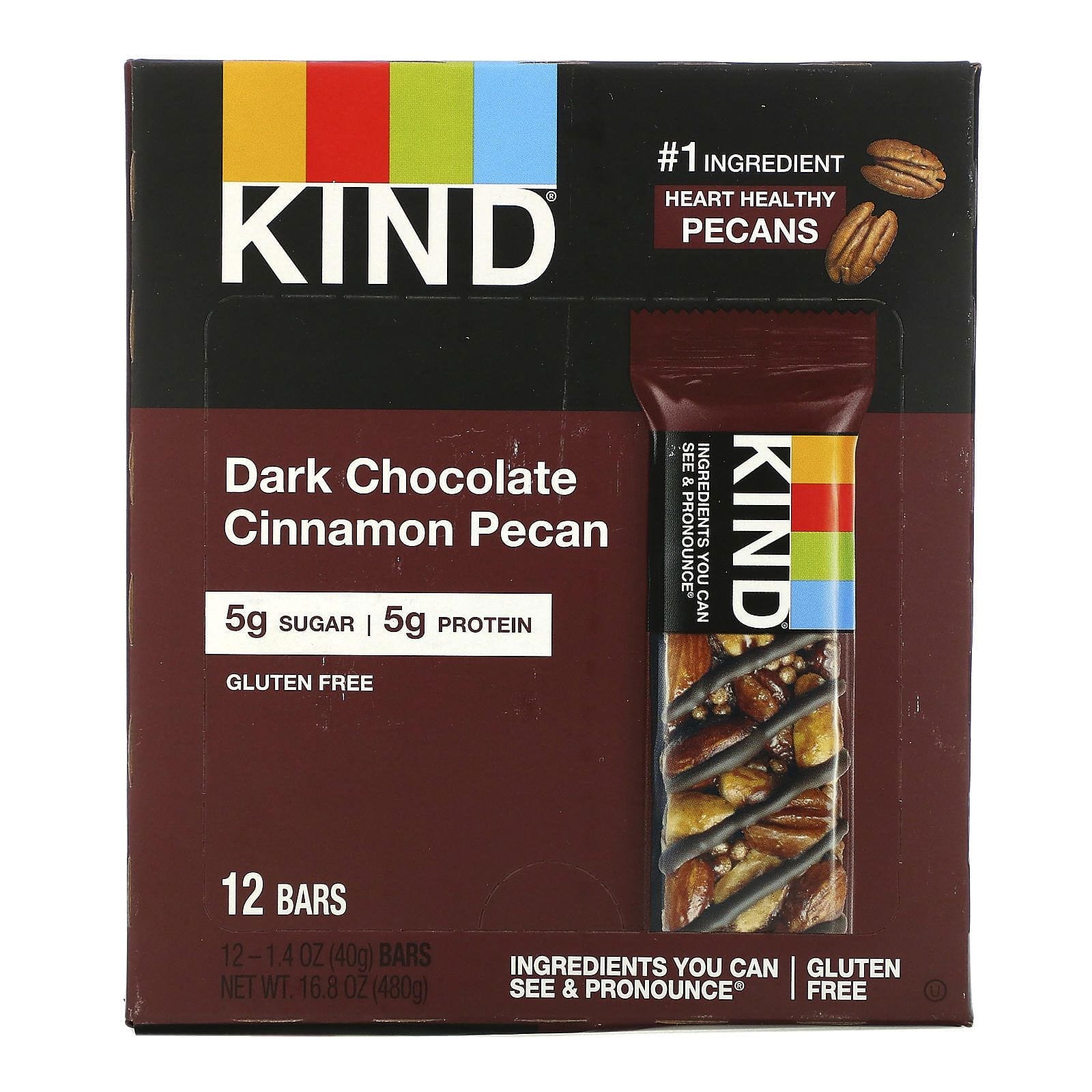 KIND Bars, Nueces y Especias, Chocolate Oscuro con Canela y Pacanas, 12 Barras, 1.4 oz (40 g) c/u