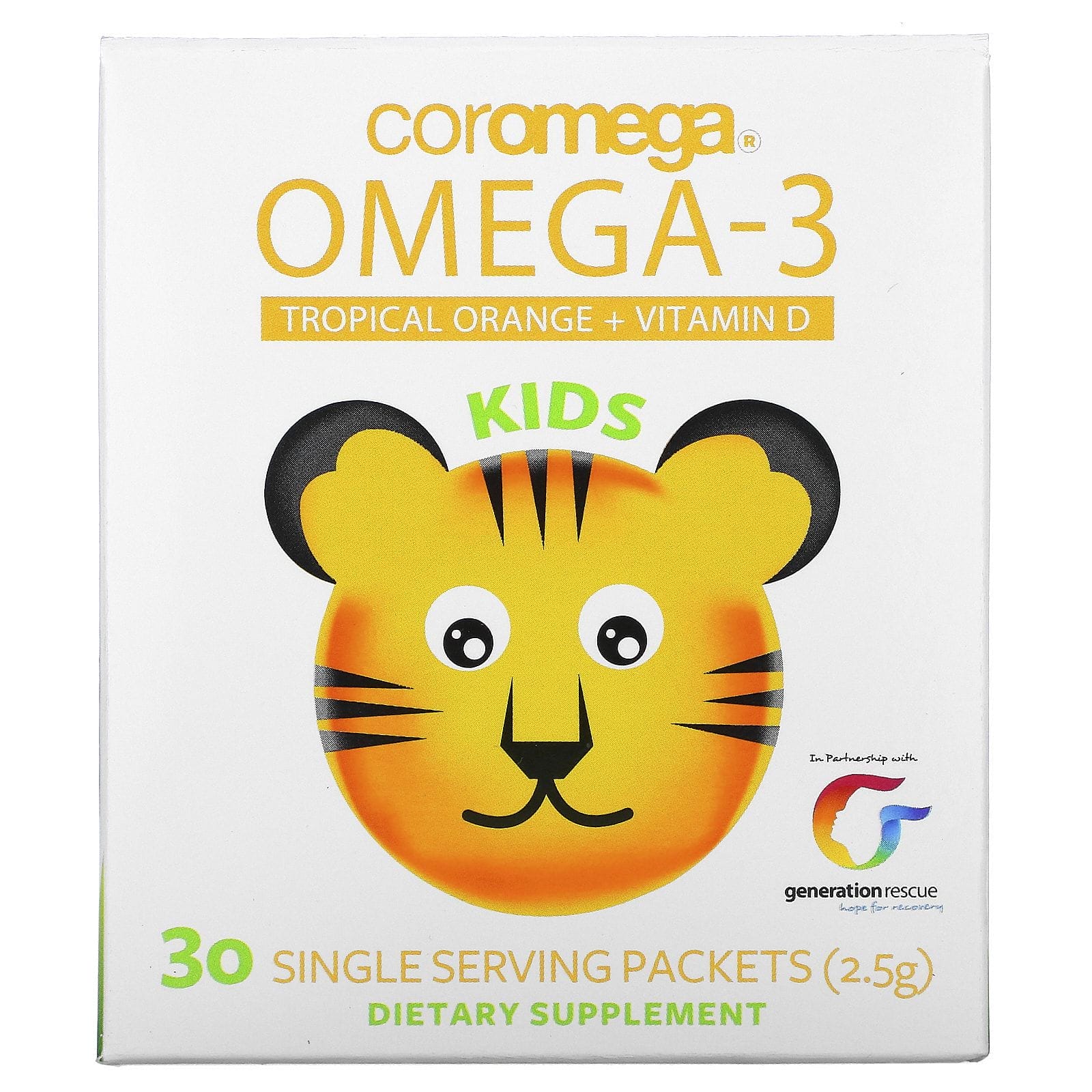 Coromega, Vitamina D+ Omega-3, para niños, naranja tropical, 30 paquetes de una porción (2,5 g)