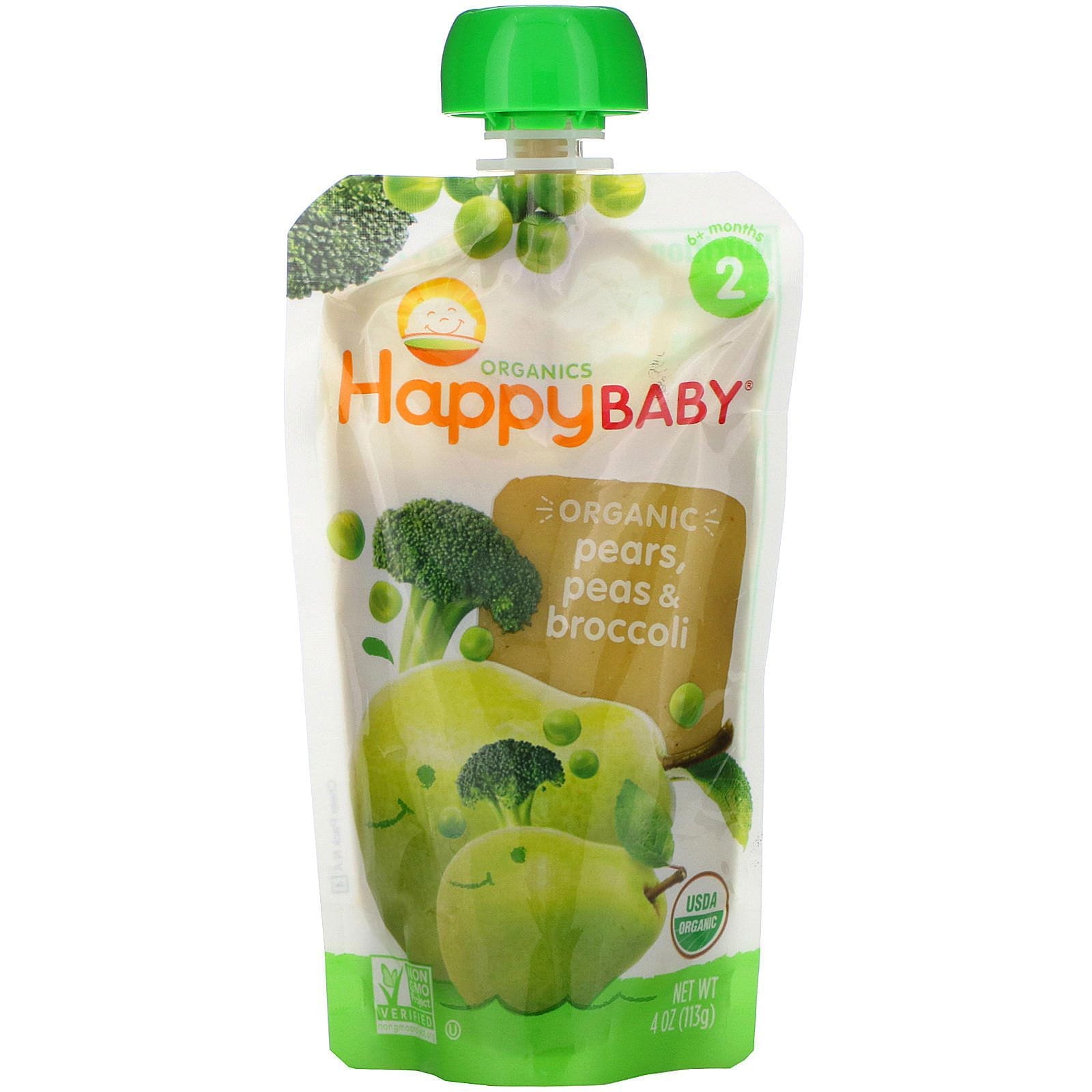 Happy Family Organics, Organics Happy Baby, Stage 2, 6+ Months, Organic Pears, Peas & Broccoli, 4 oz (113 g)